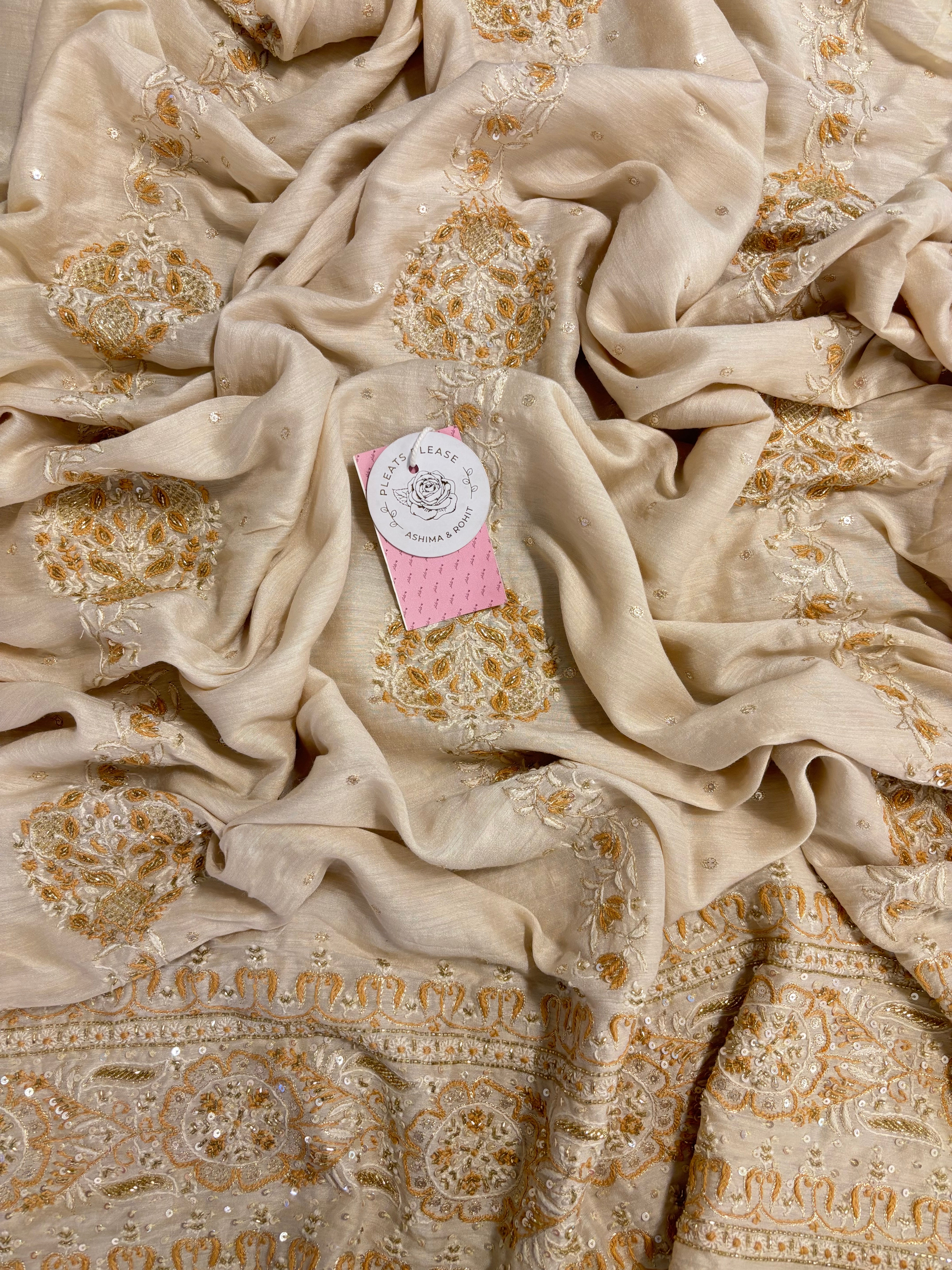 Dyeable Monga Silk A-Line Chikankari Kurta & Dupatta With Bottom