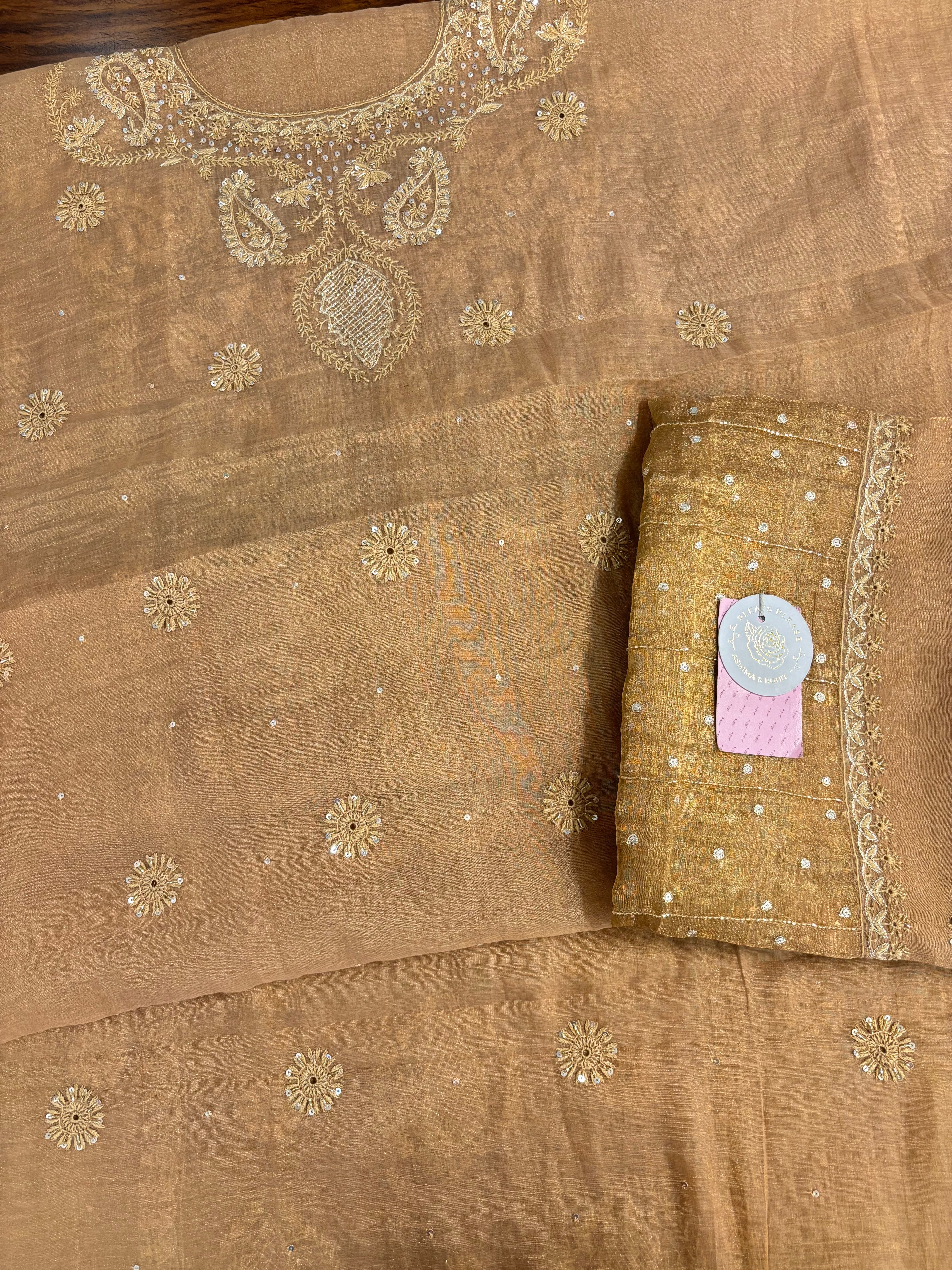 Golden Honey Pure & Premium Tissue Chikankari Kurta & Dupatta