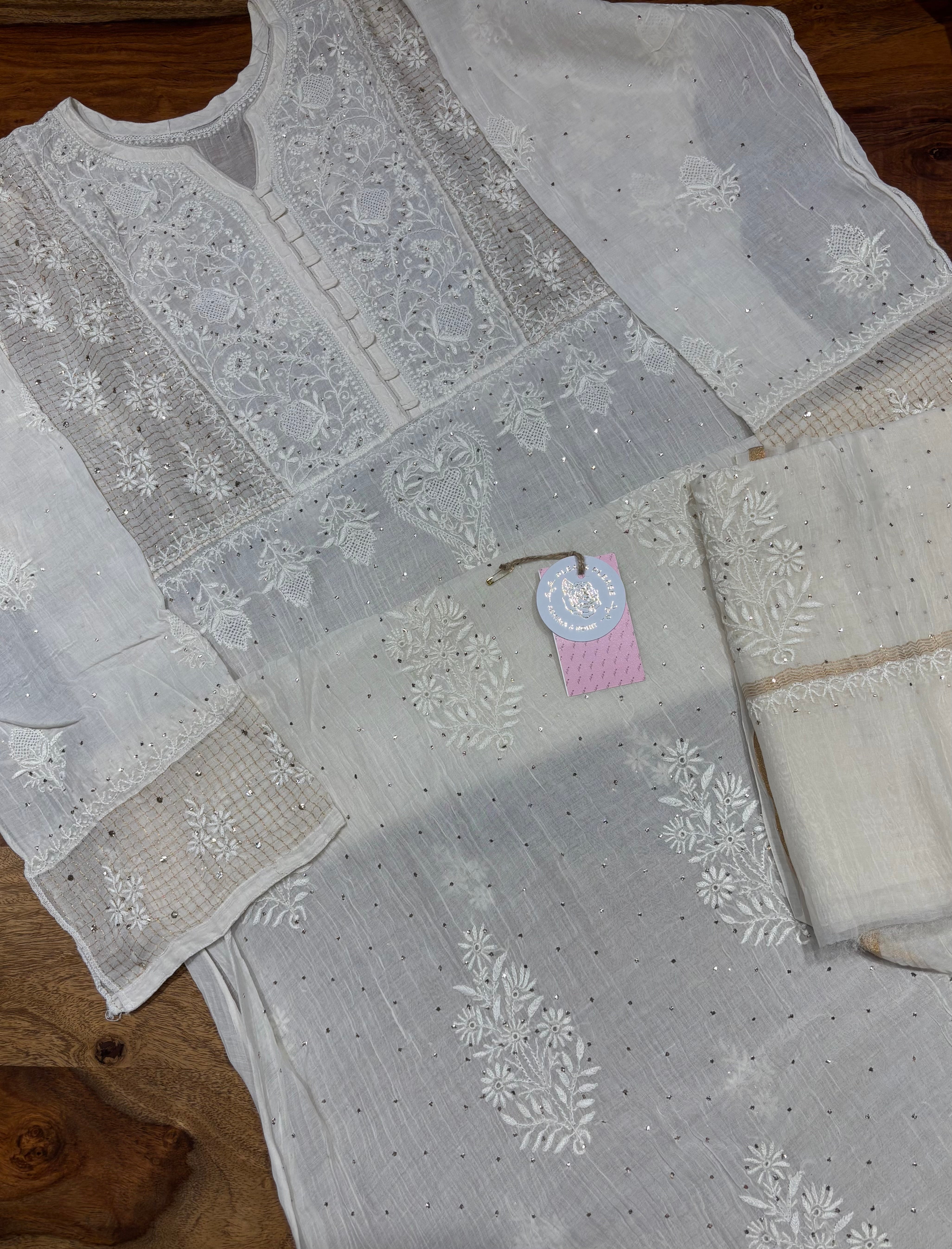 Dyeable Chanderi Mul Chikankari & Mukaish Kurta & Dupatta Set