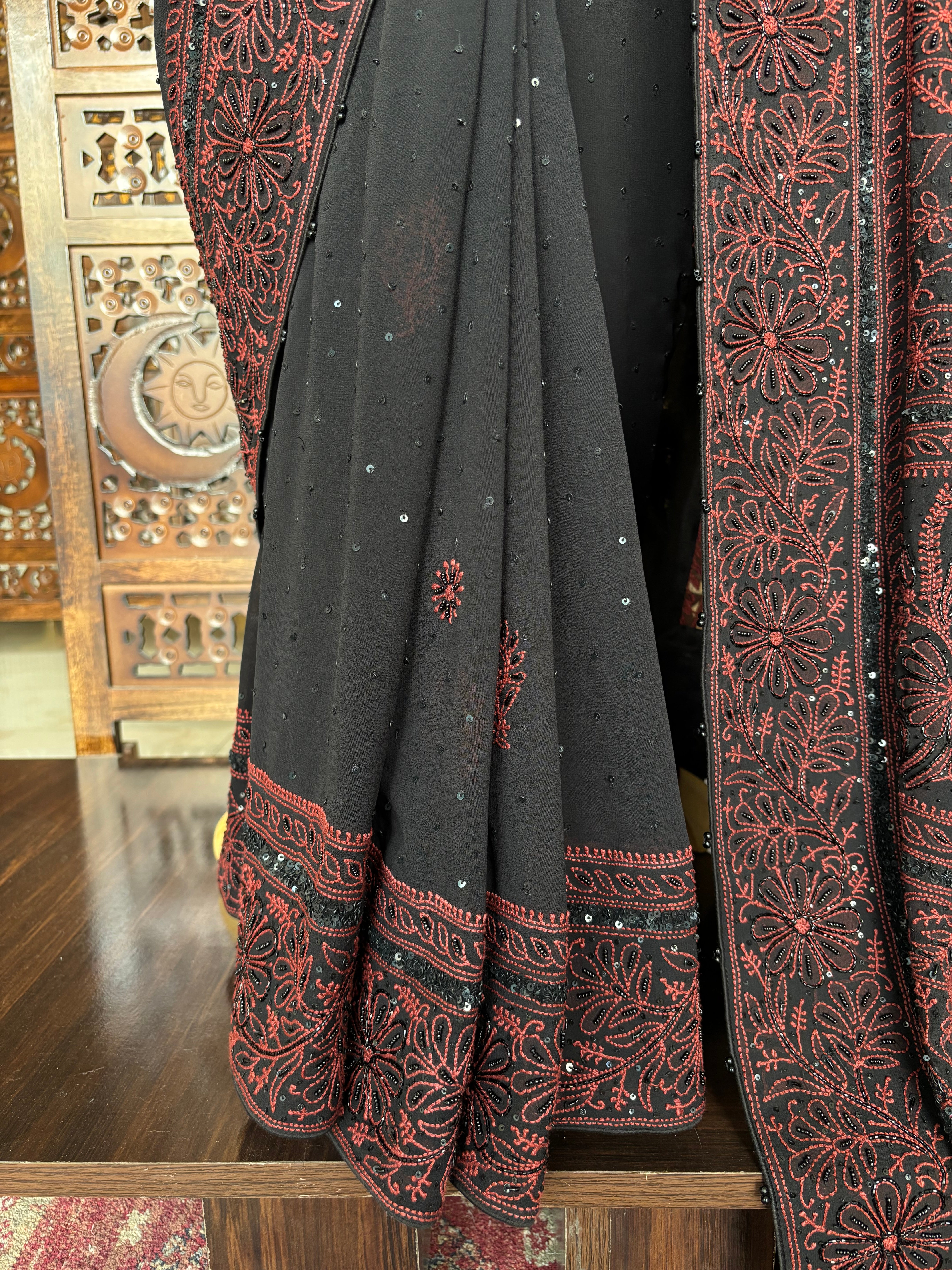Black Pure & Premium Georgette Chikankari Saree