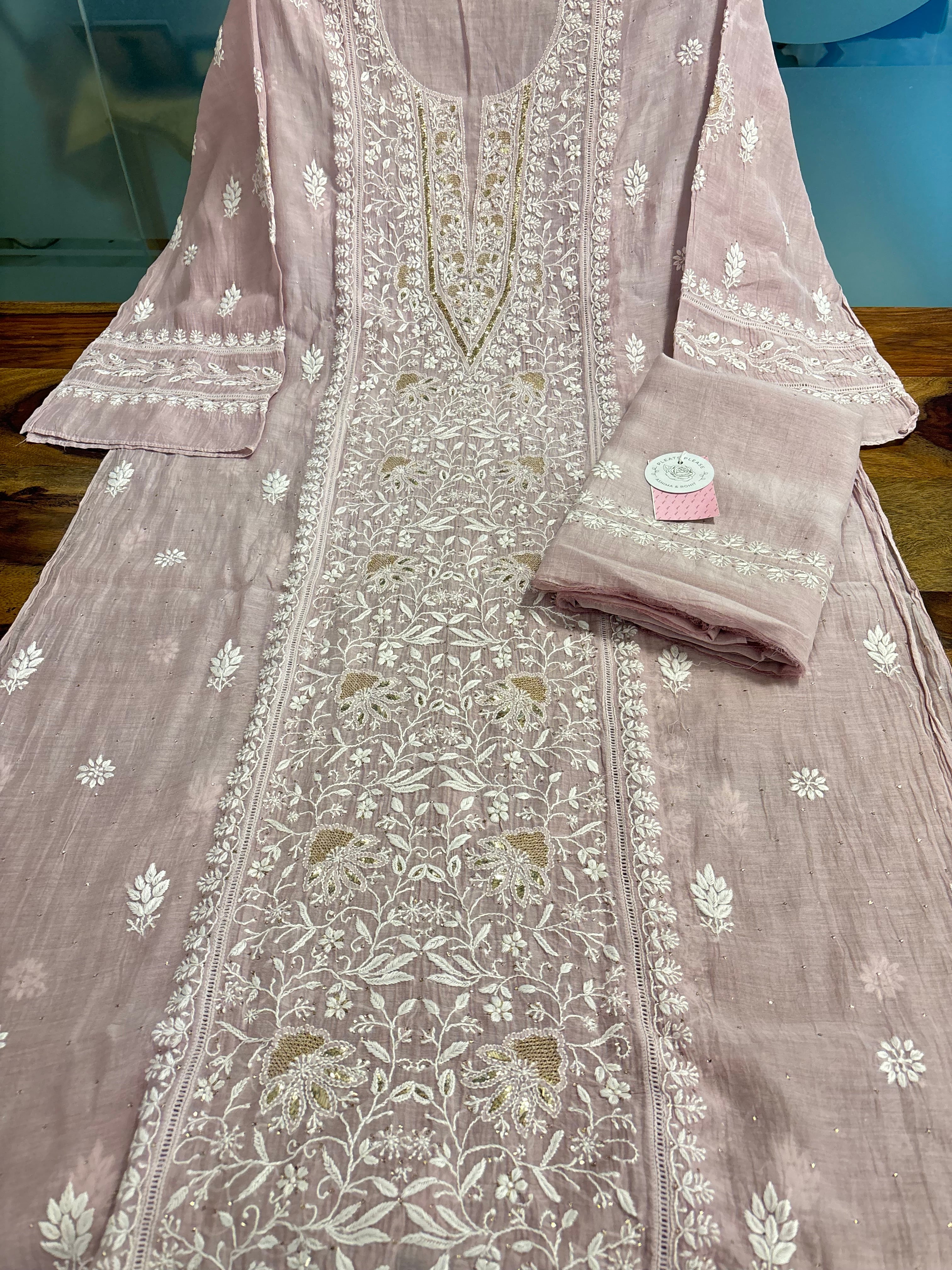 Rose Gold Chanderi Chikankari Mukaish Kurta & Dupatta - Pleats PleaseChikankari