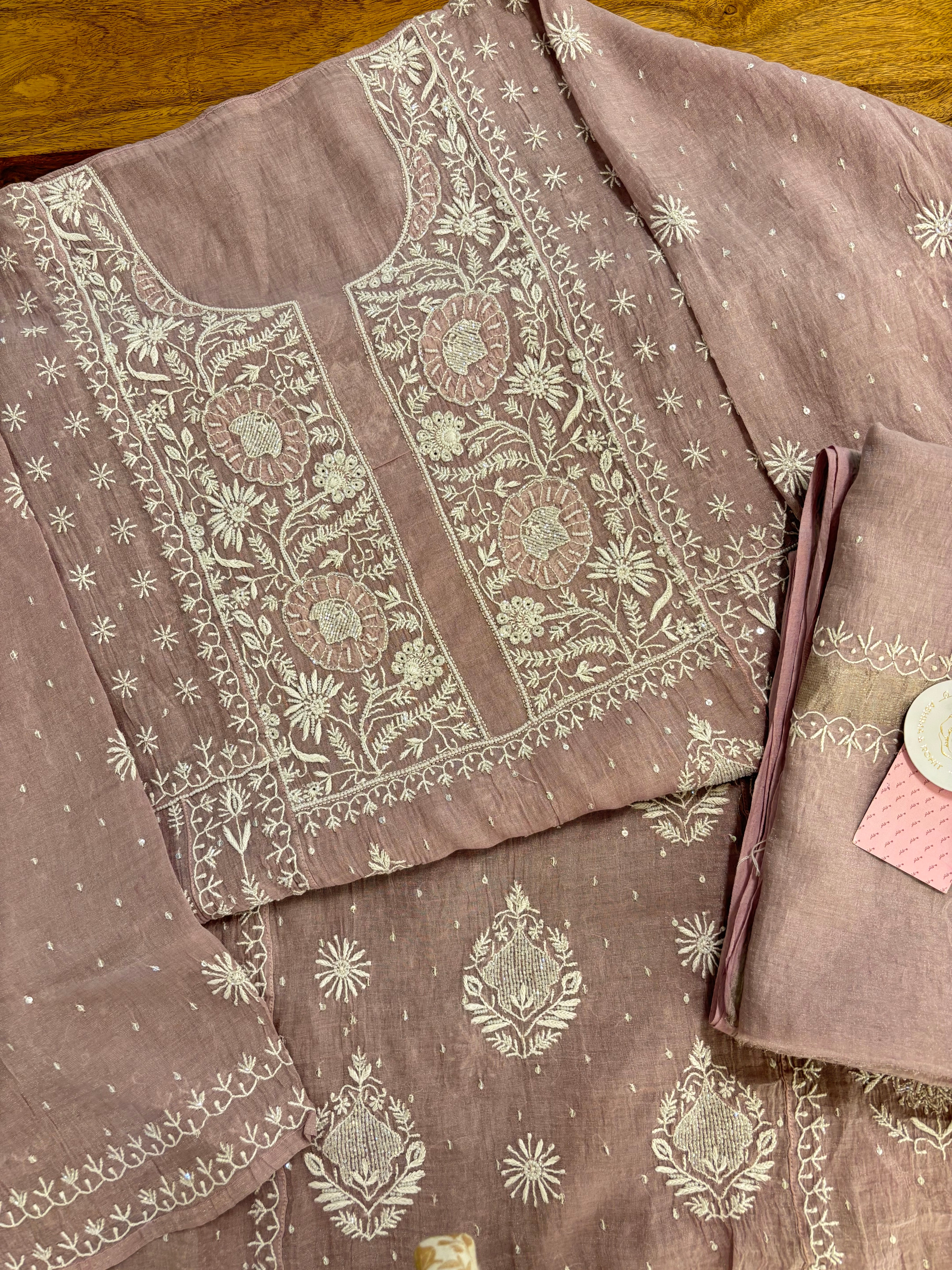 Mauve Pink Pure Tissue Chikankari Anarkali & Dupatta Set