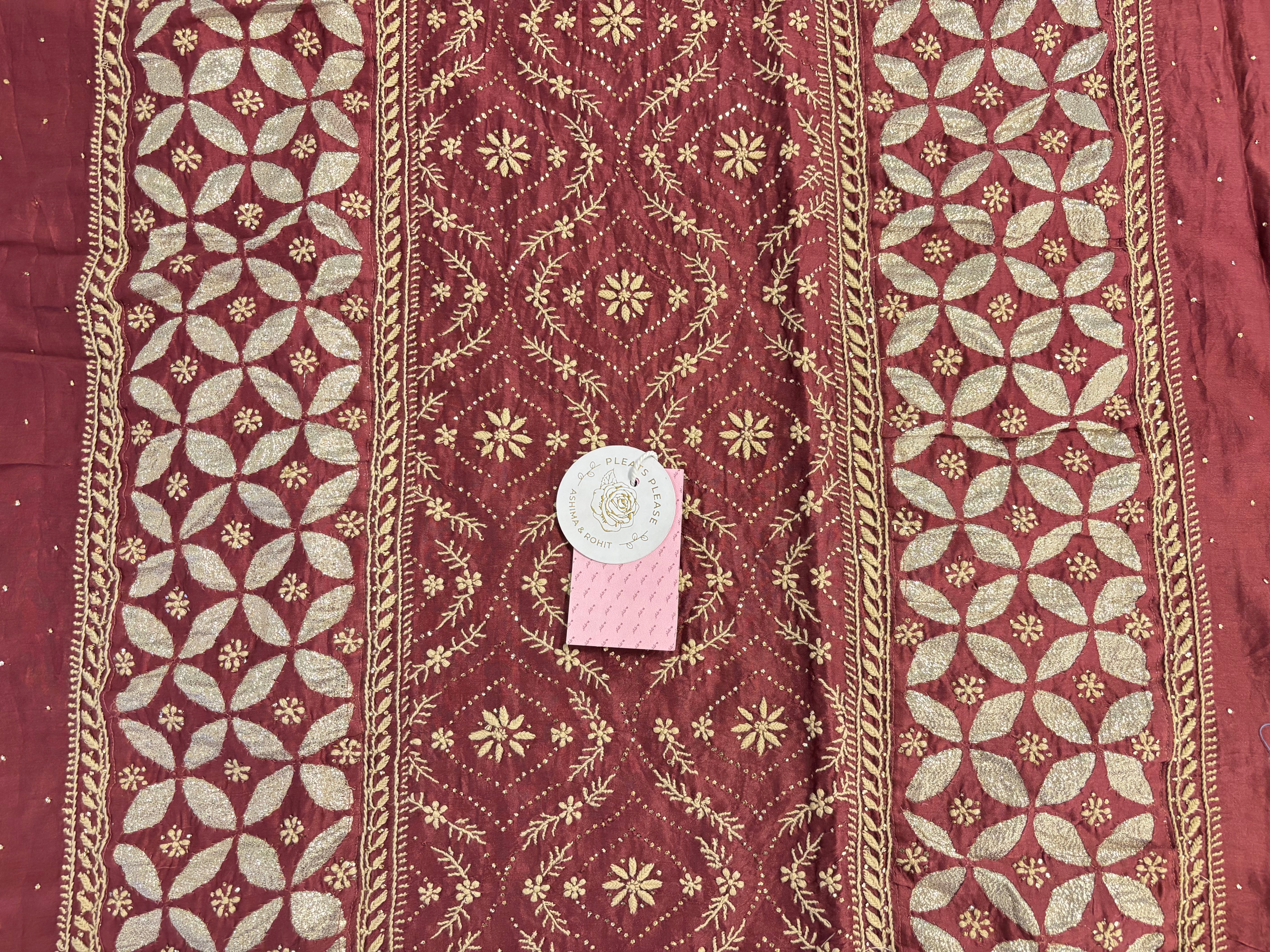Maroon Chanderi Chikankari Mukaish Kurta & Dupatta