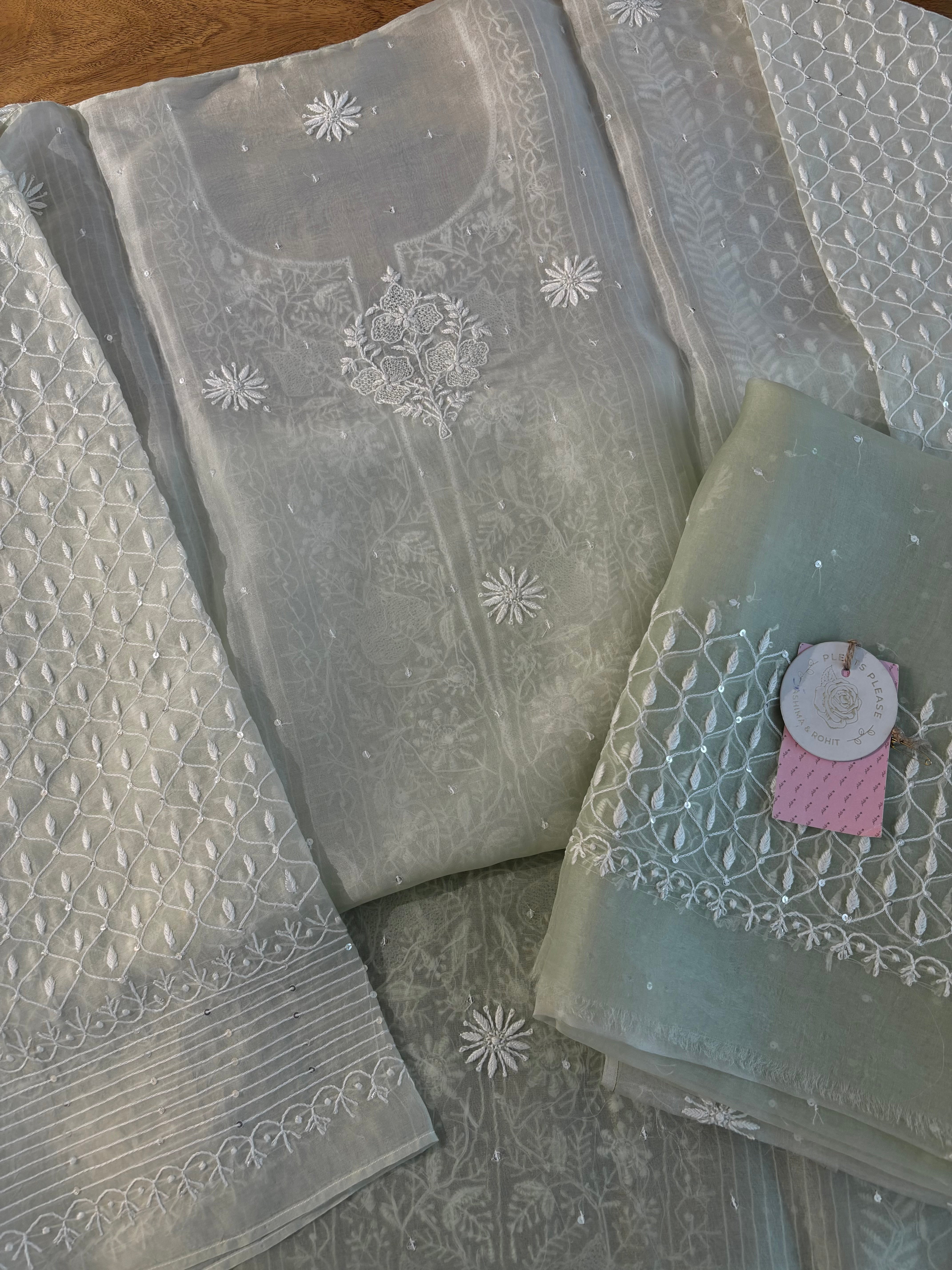 Pastel Sage Green Organza Chikankari Kurta & Dupatta