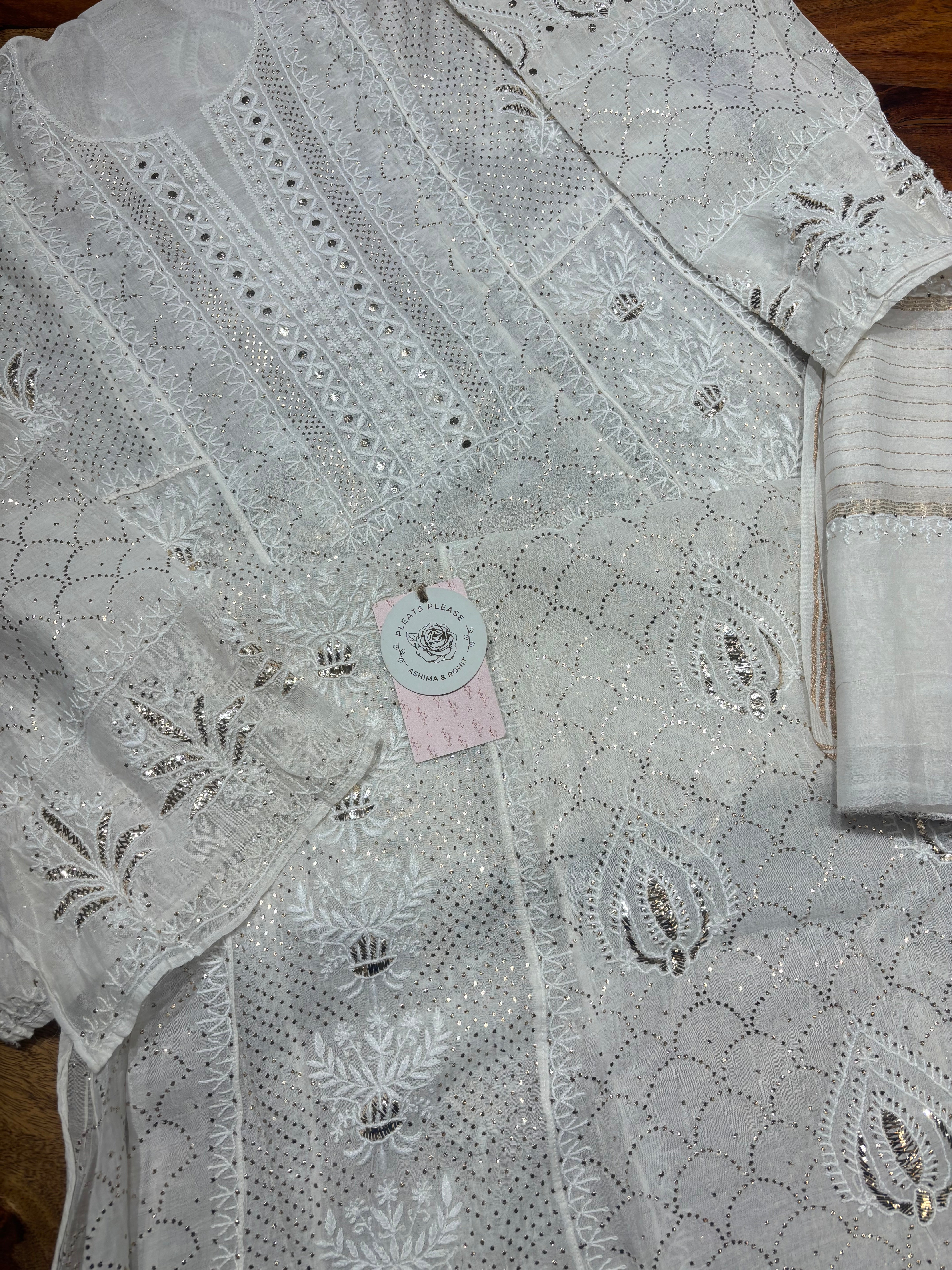 Dyeable Chanderi Mul Chikankari & Mukaish Anarakli and Dupatta Set