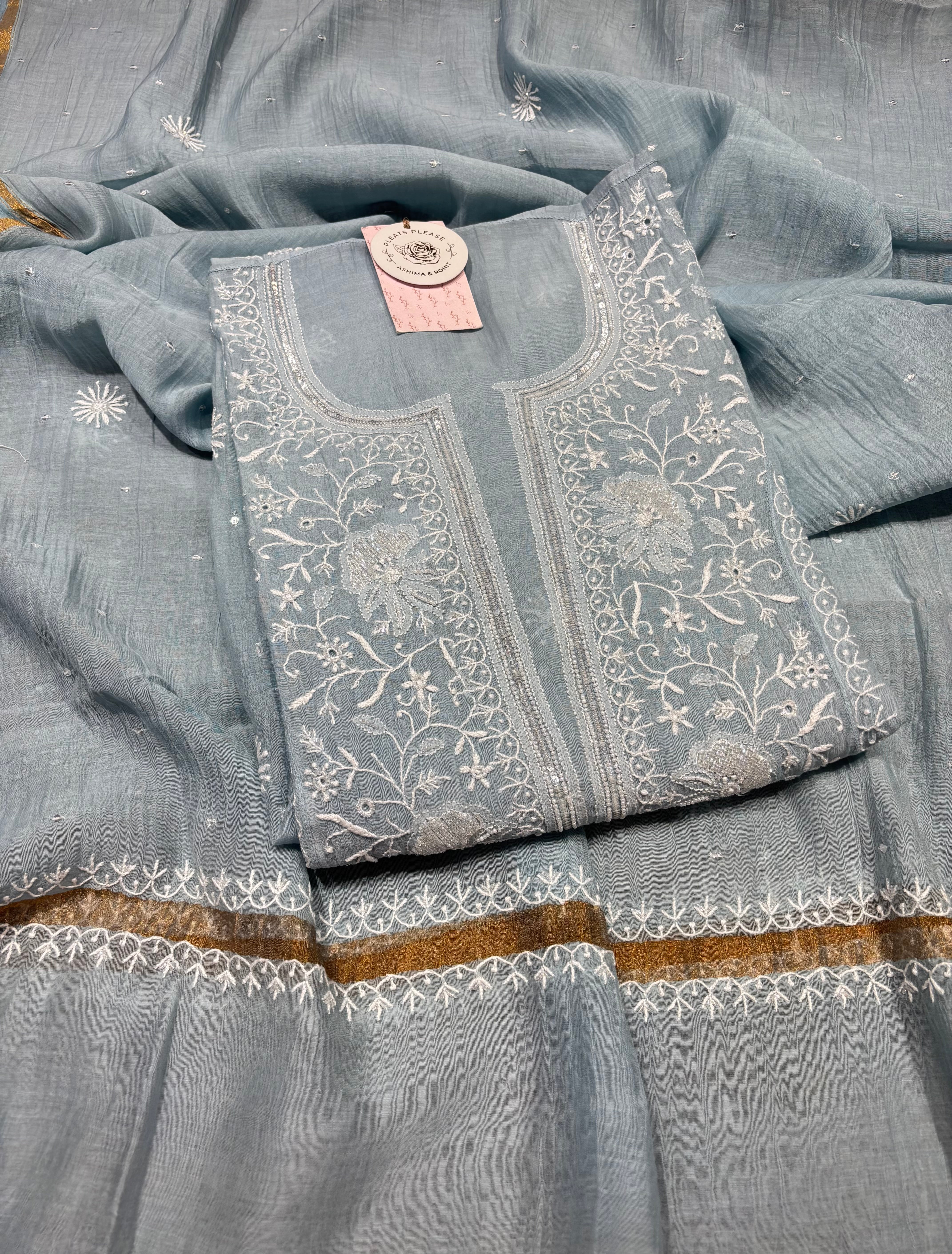 Powder Blue Chanderi Mul Chikankari Kurta & Dupatta Set