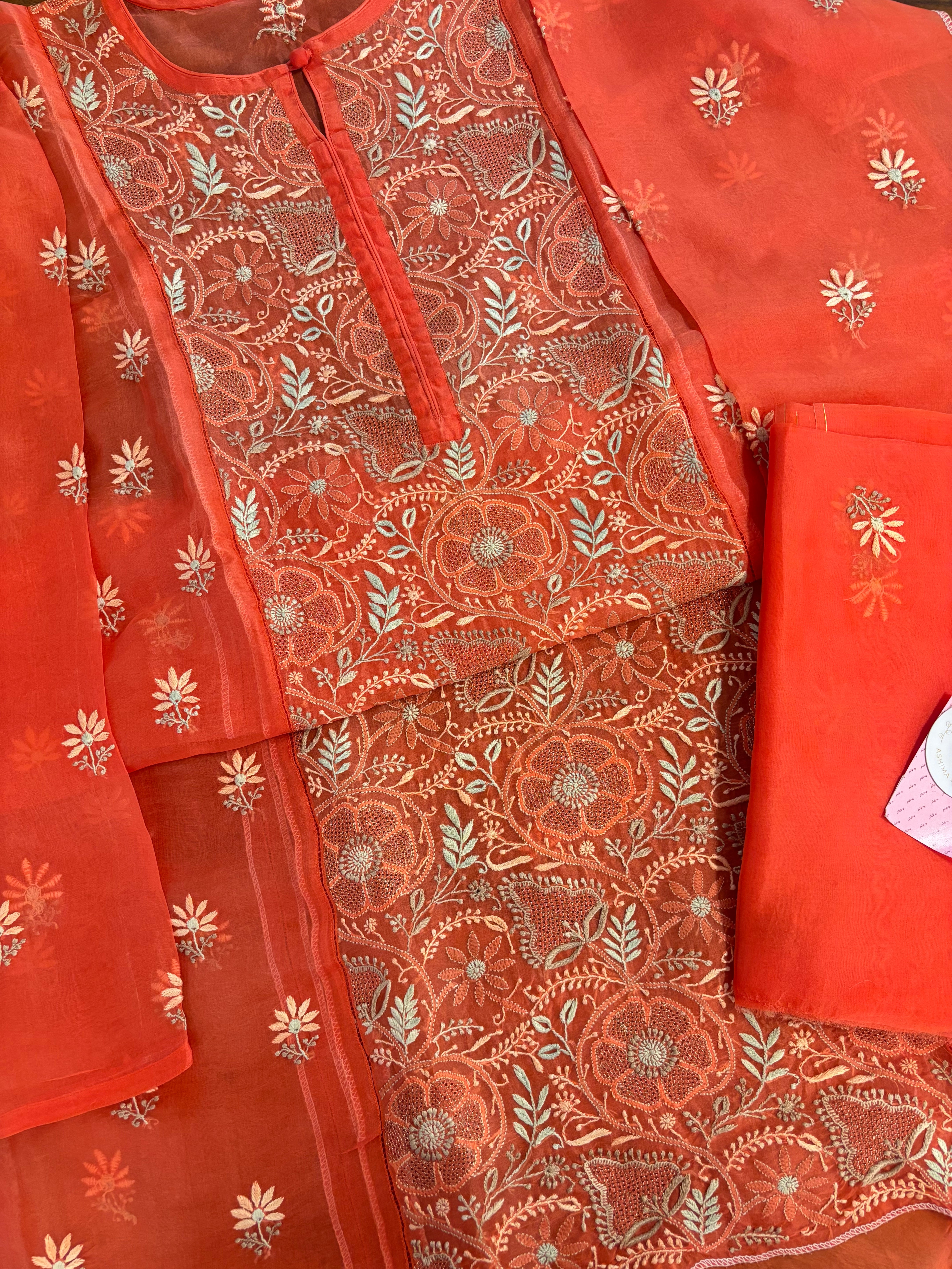 Burnt Orange Pure Organza Silk Chikankari Kurta & Dupatta