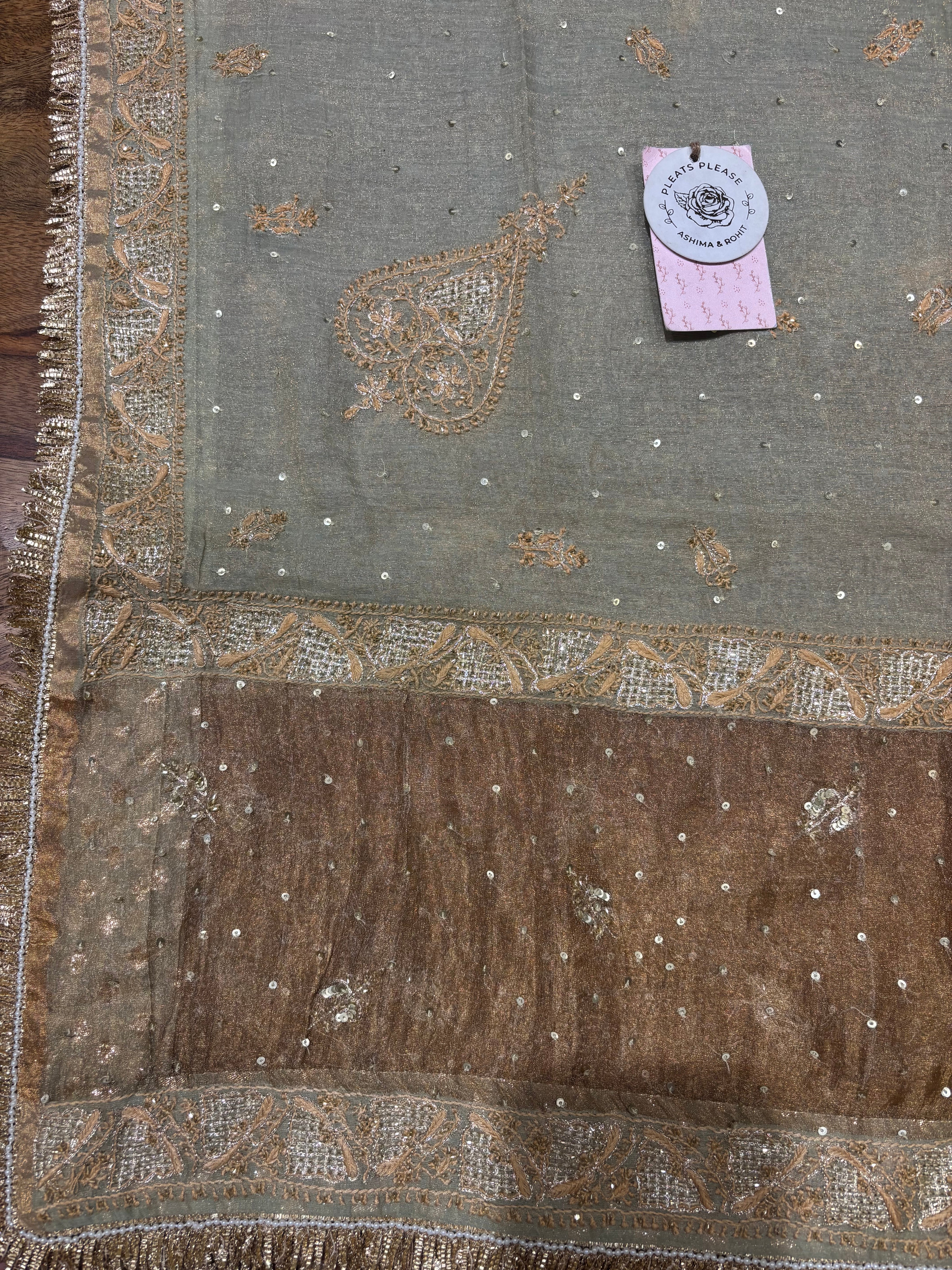 Cardamom Green Pure & Premium Tissue Chikankari Angrakha & Dupatta Set