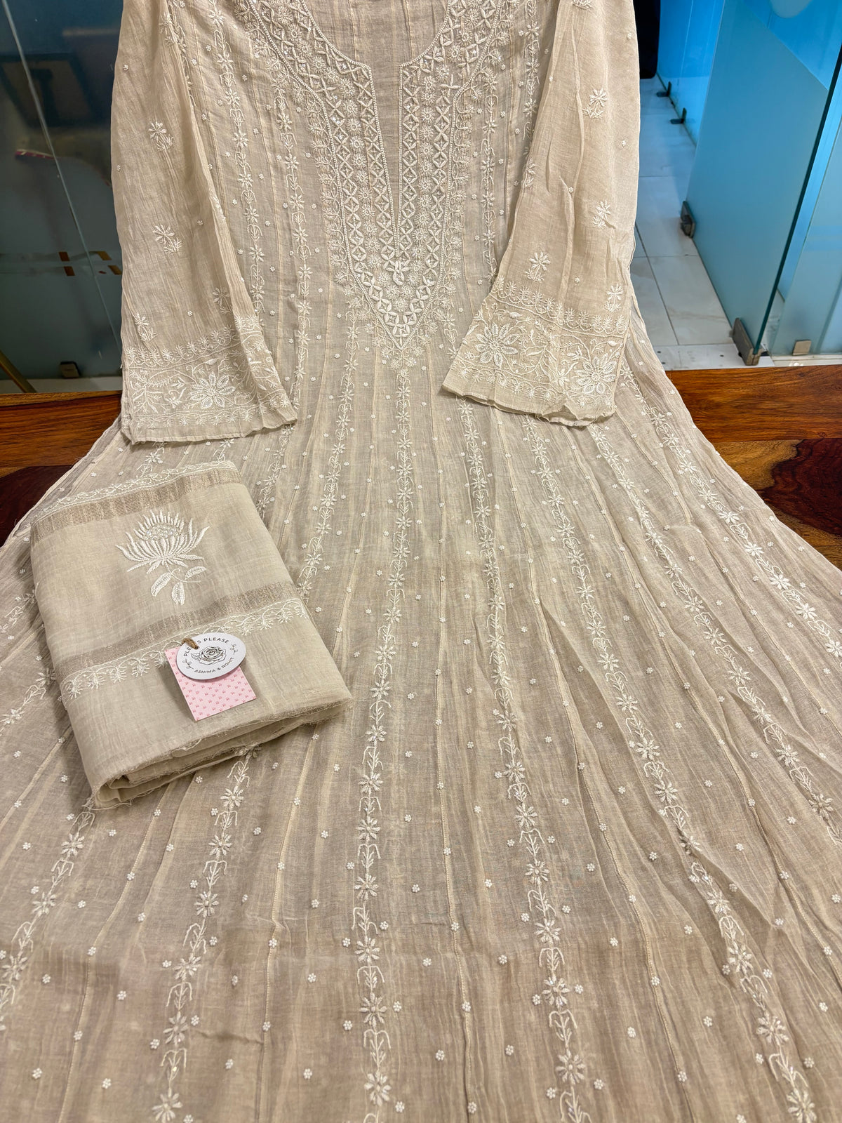 Dyeable Silver Tissue Chikankari Anarkali & Dupatta