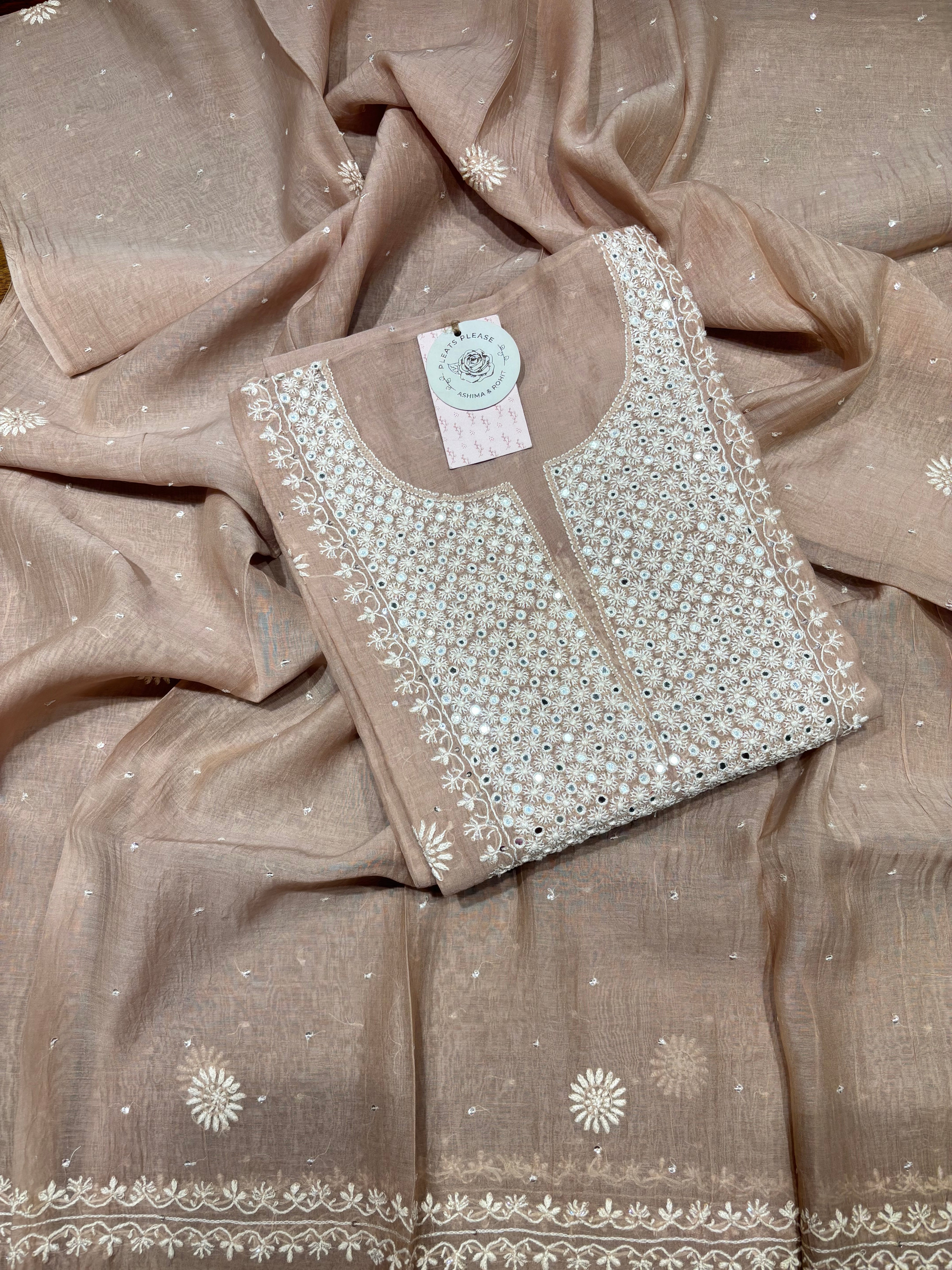 Dusty Peach Chanderi Mul Chikankari Kurta & Dupatta Set