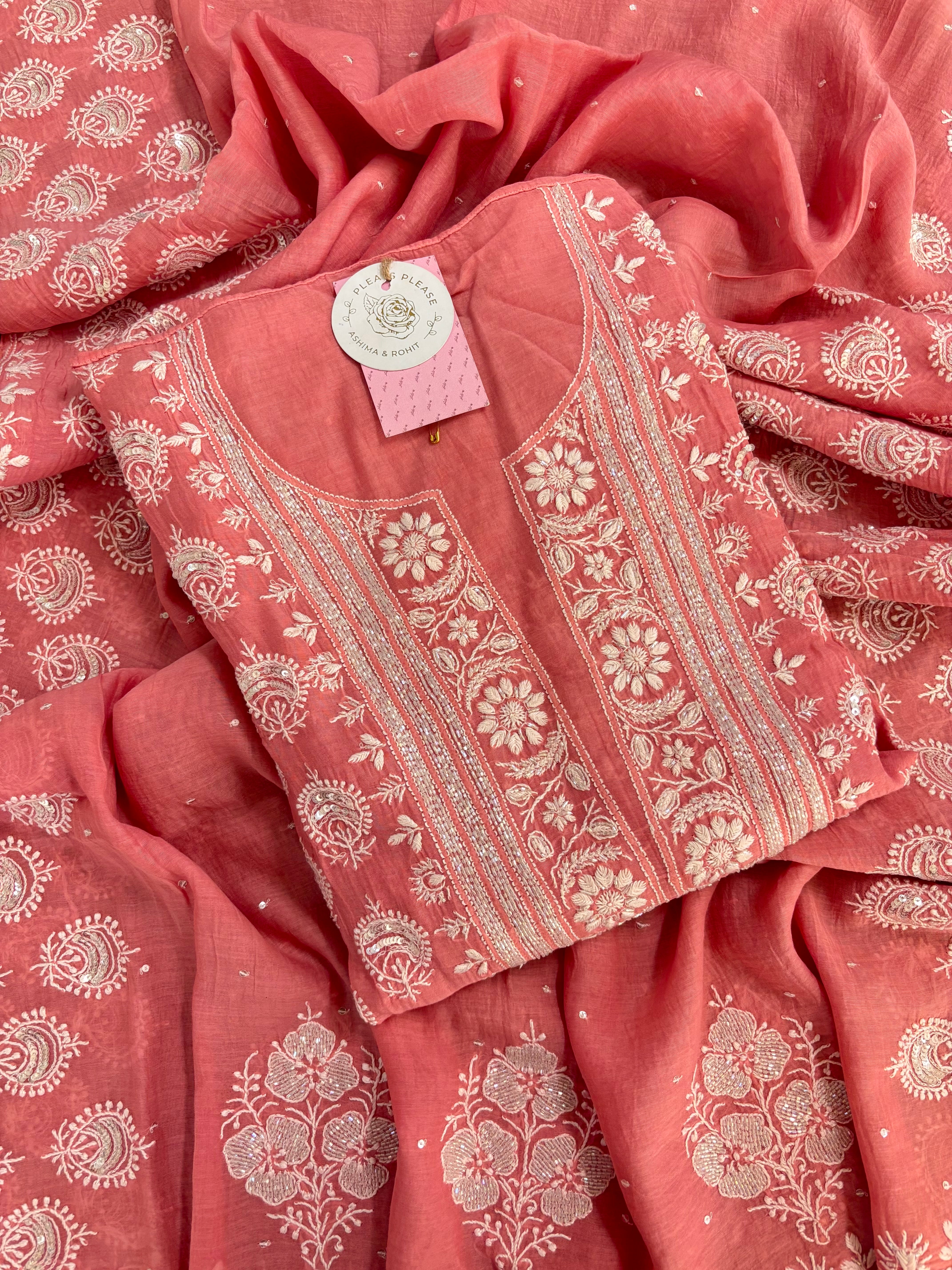 Peach Chanderi Mul Chikankari Kurta & Dupatta