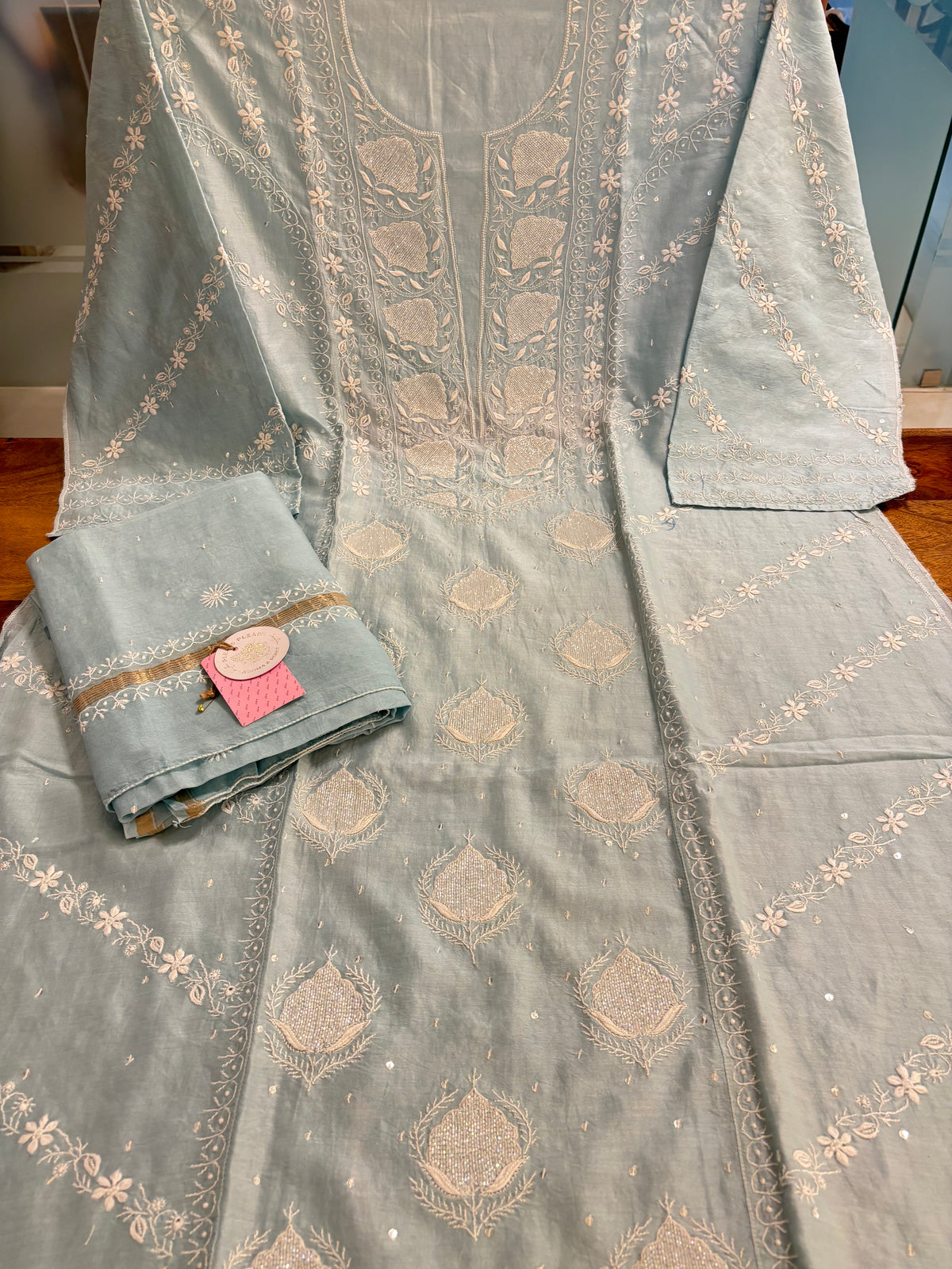 Ice Blue Chanderi Chikankari Kurta & Dupatta