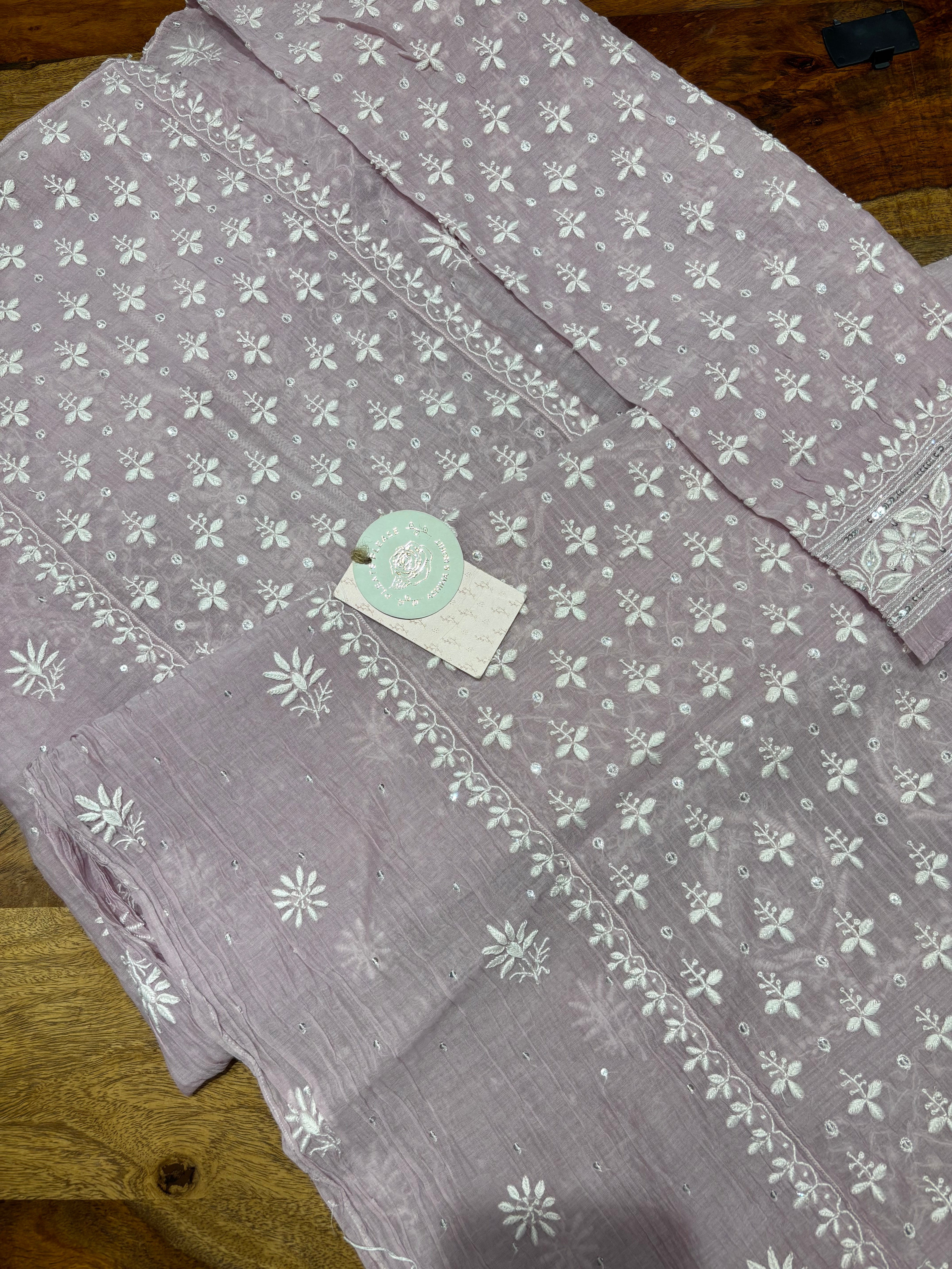 Lavender Chanderi Mul Chikankari  Kurta & Dupatta Set