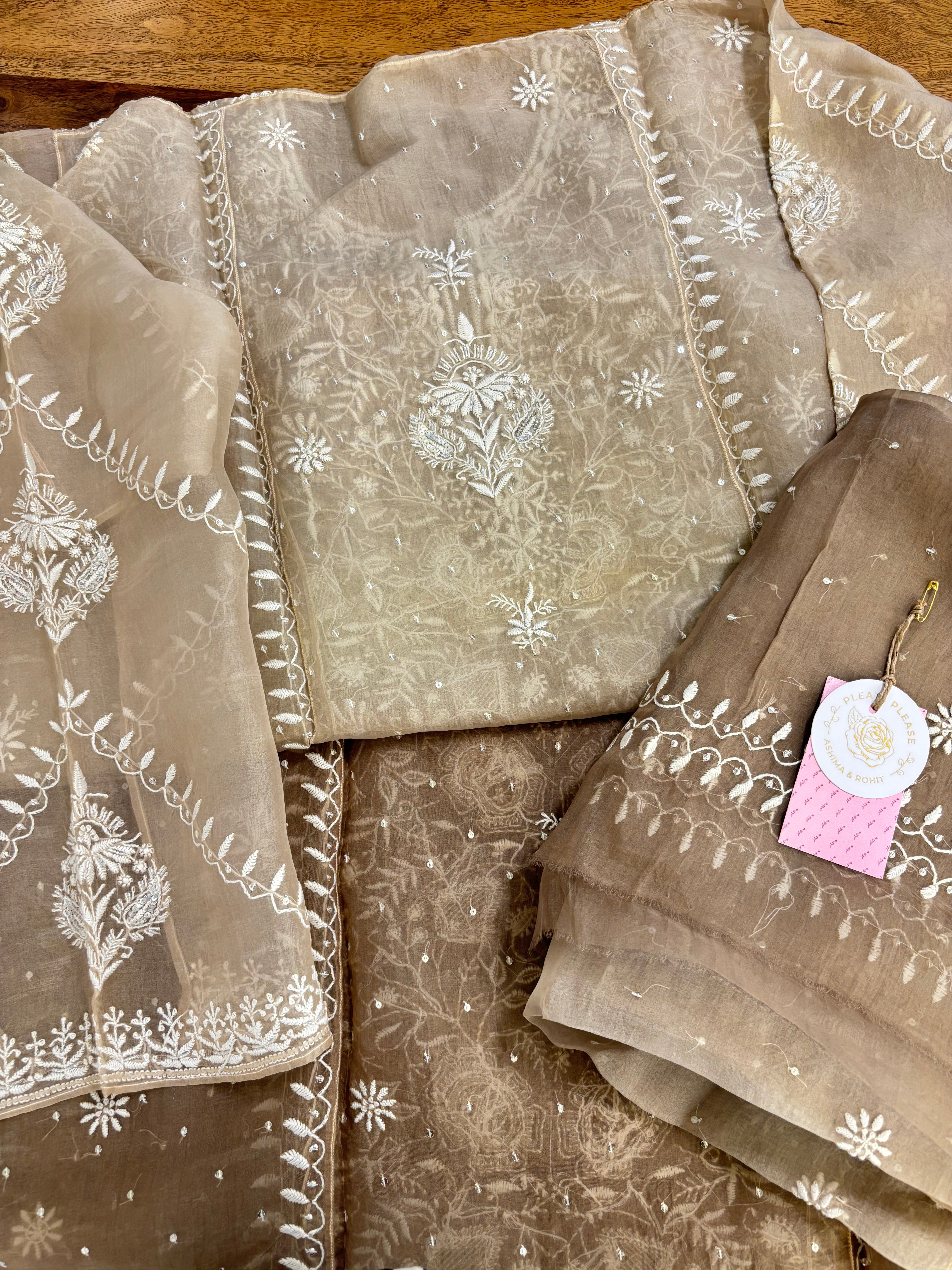 Brown Ombré Organza Silk Chikankari Kurta & Dupatta
