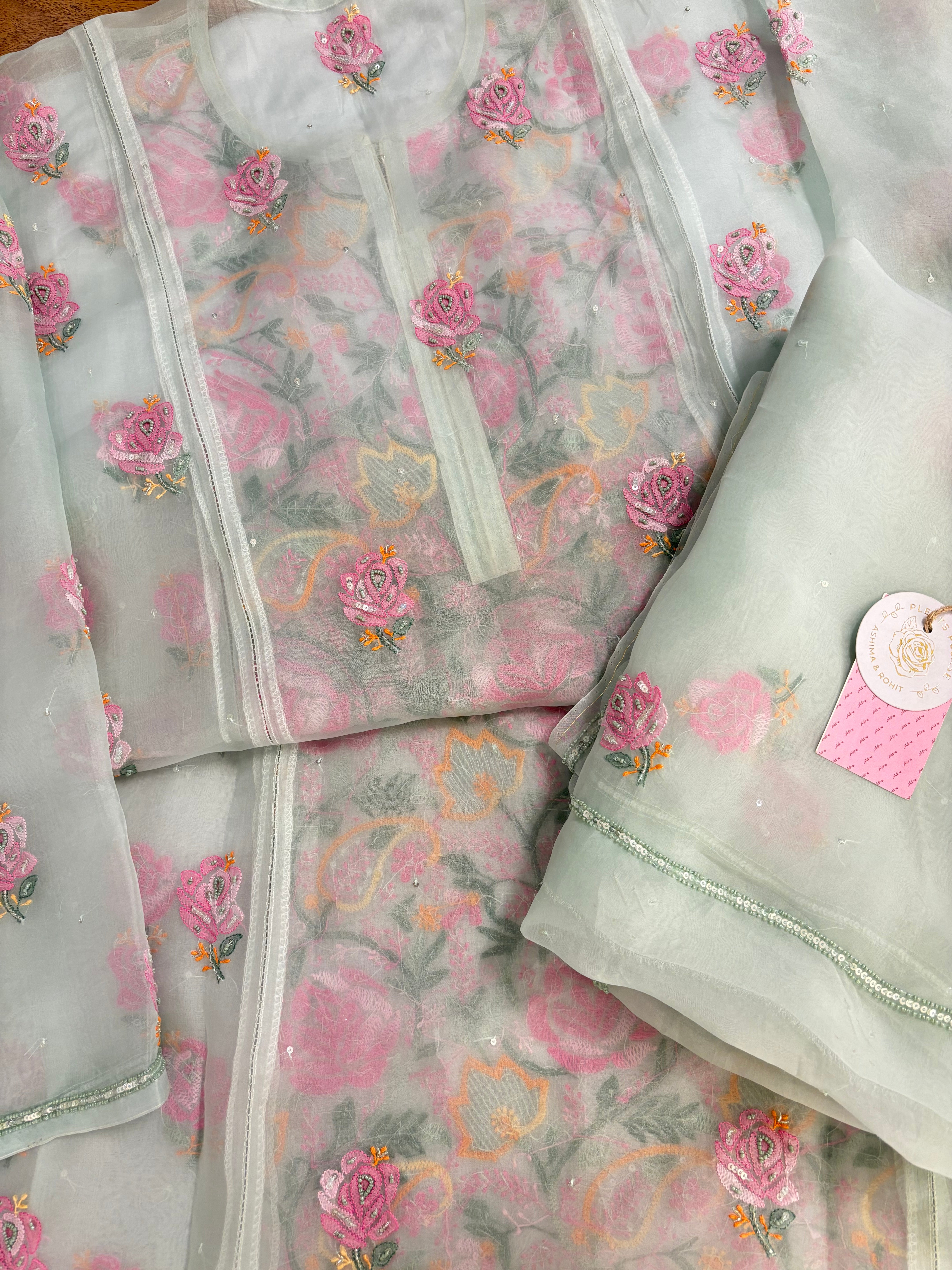 Ice Green Pure Organza Chikankari Kurta & Dupatta