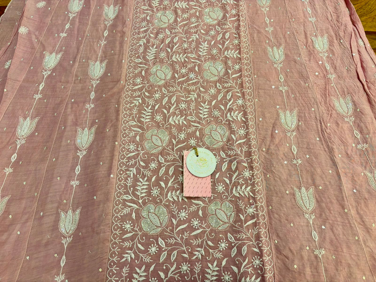 Baby Pink Pure Monga Silk Chikankari Anarakli & Dupatta