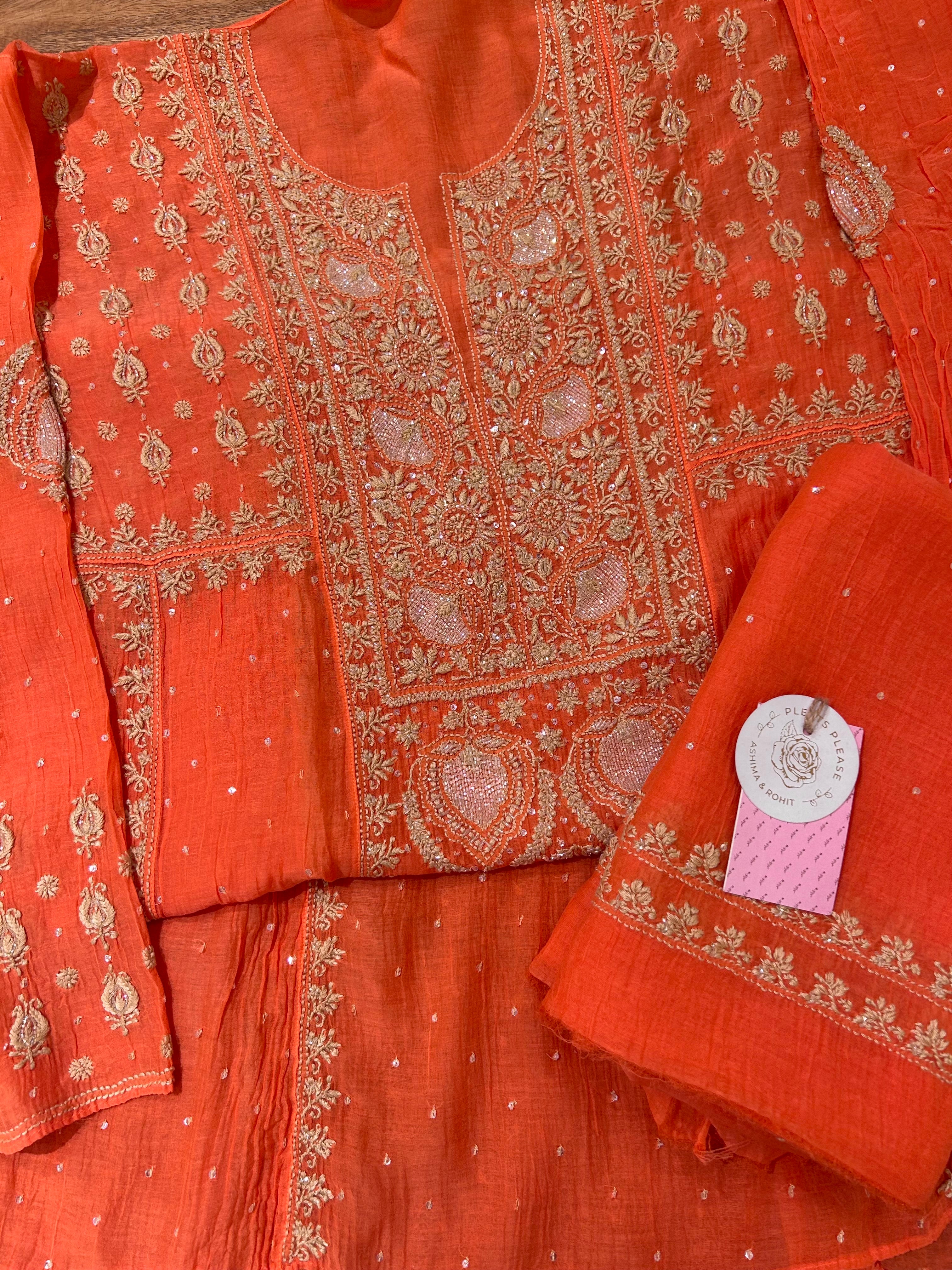 Coral peach Chanderi Chikankari A-line Kurta & Dupatta