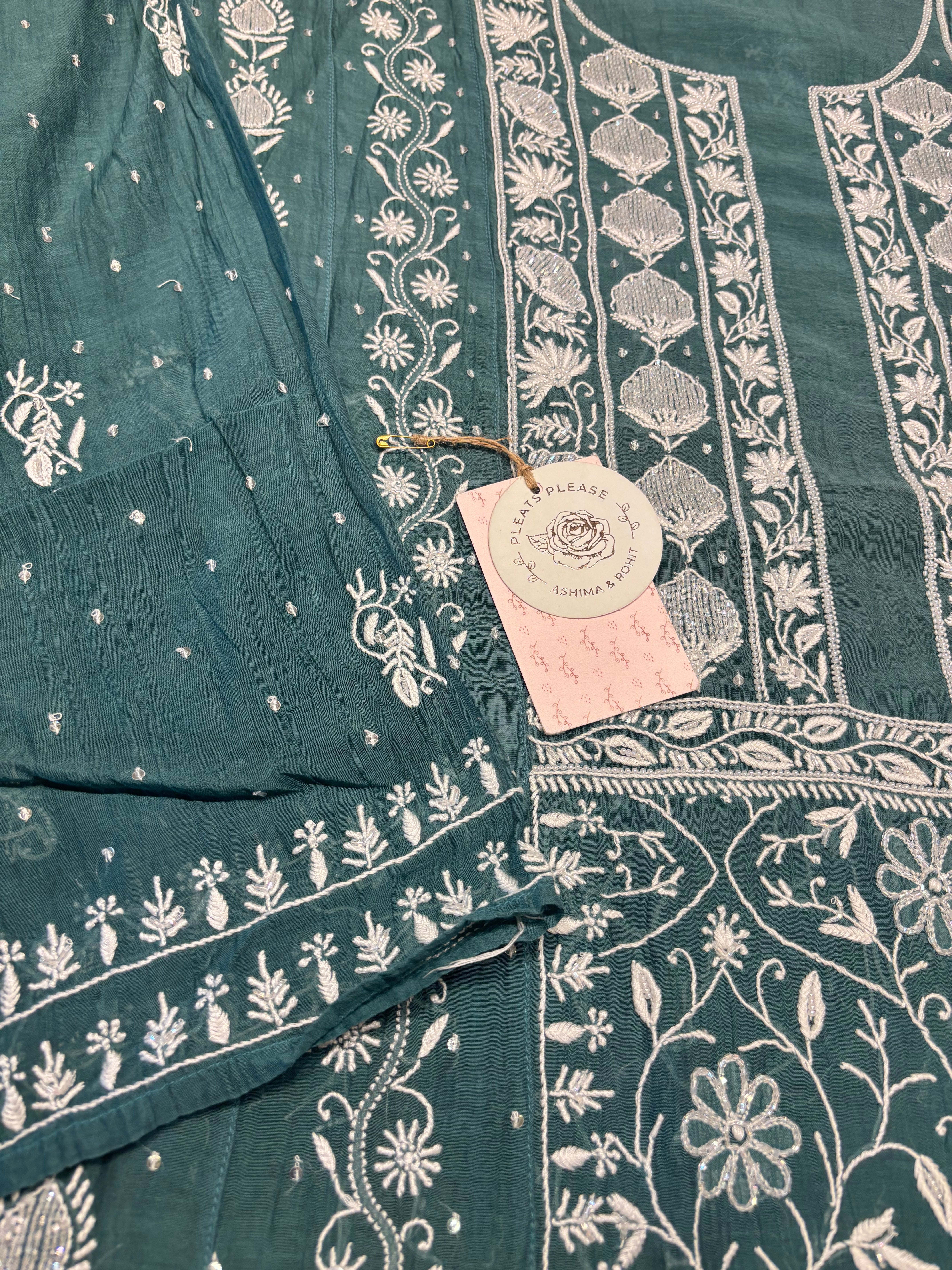 Teal Green Chanderi Mul Chikankari Anarkali and dupatta