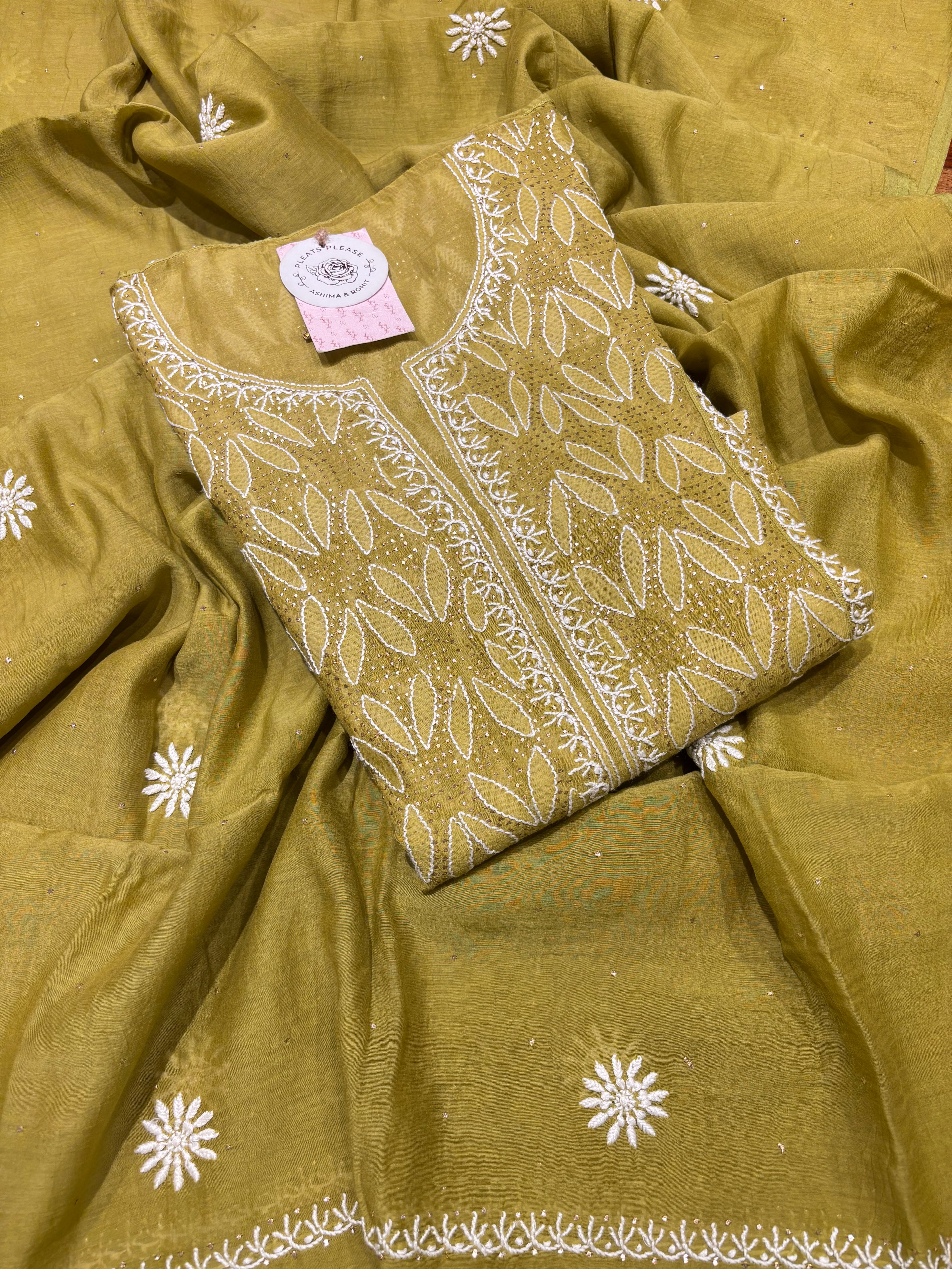 Dhani Green Chanderi Mul Chikankari & Mukaish Kurta & Dupatta Set