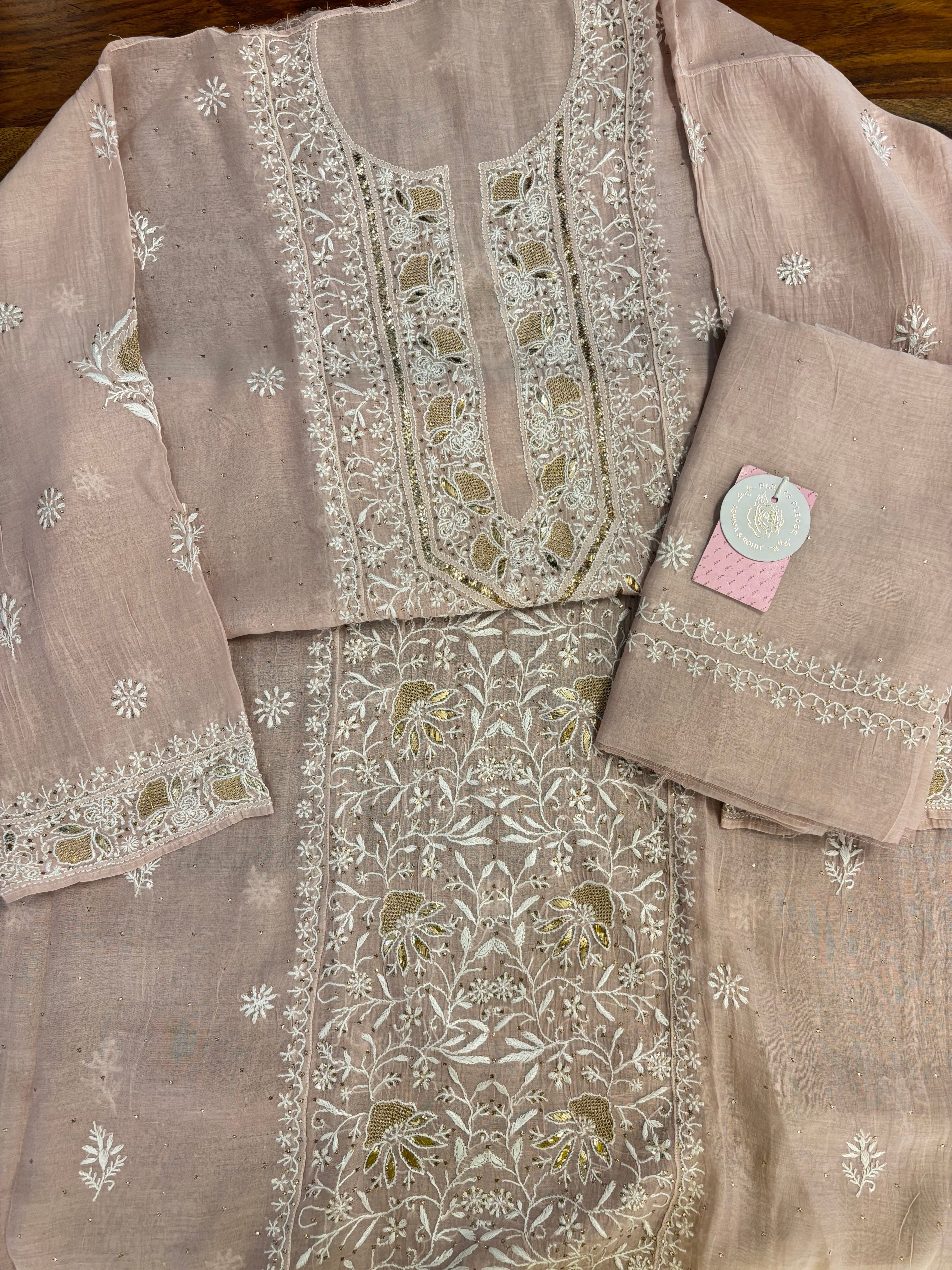 Rose Dust Chanderi Mul Mukaish & Chikankari Kurta & Dupatta