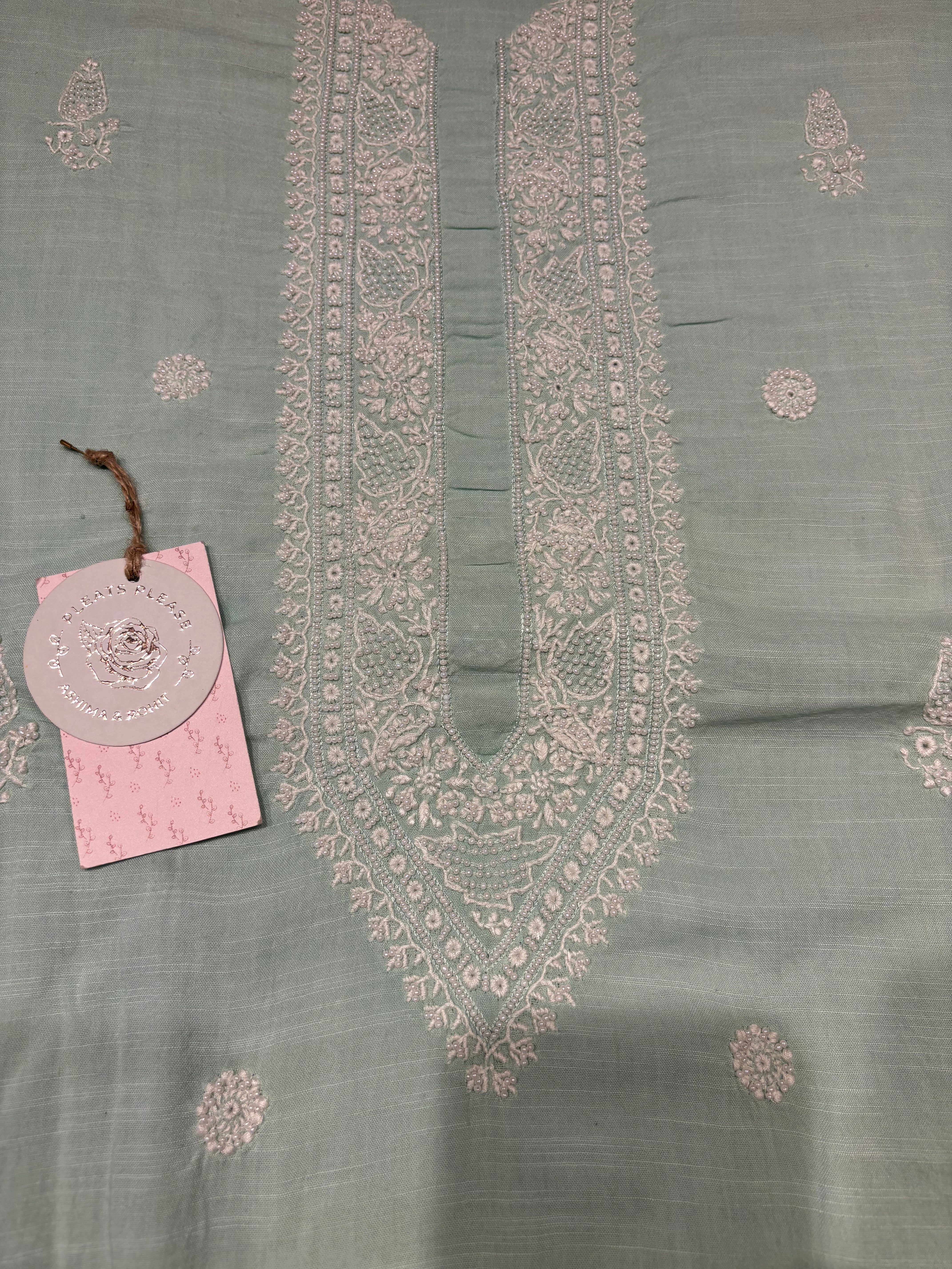Sea Foam Mulmul Chikankari Men’s Kurta Fabric