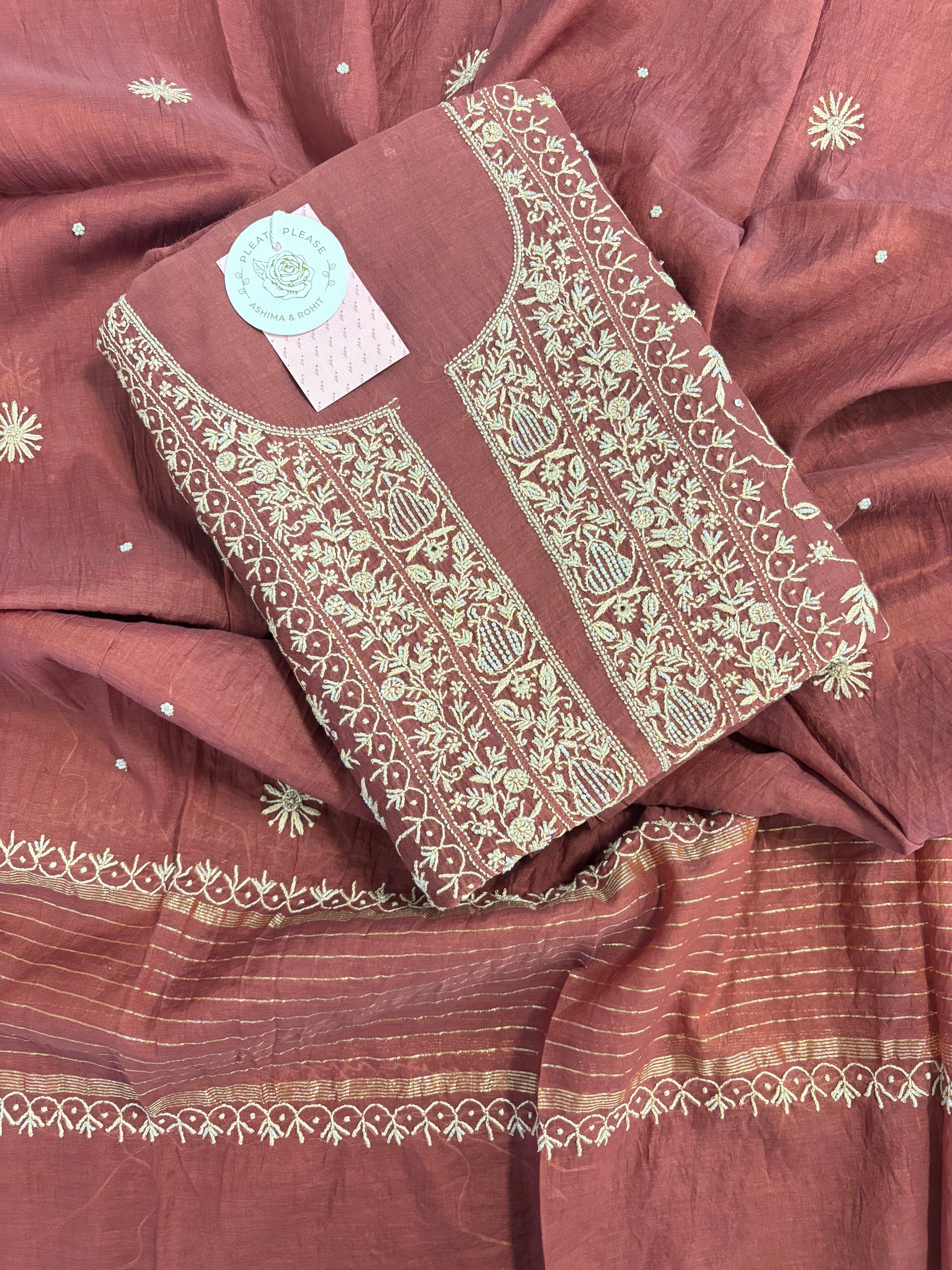 Maroon Pure Chnderi Chikankari Kurta & Dupatta