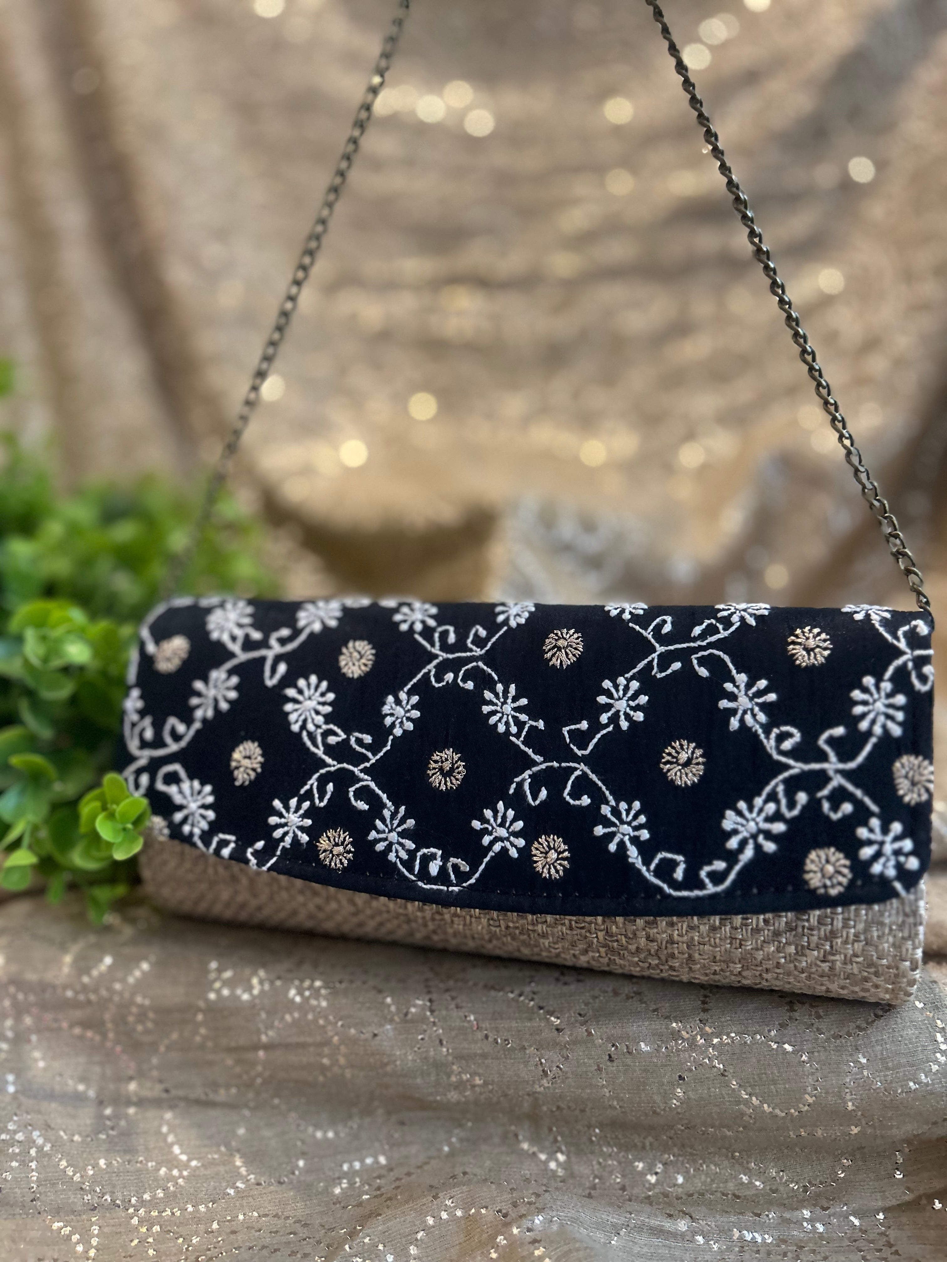 Black Chikankari Jute Clutch