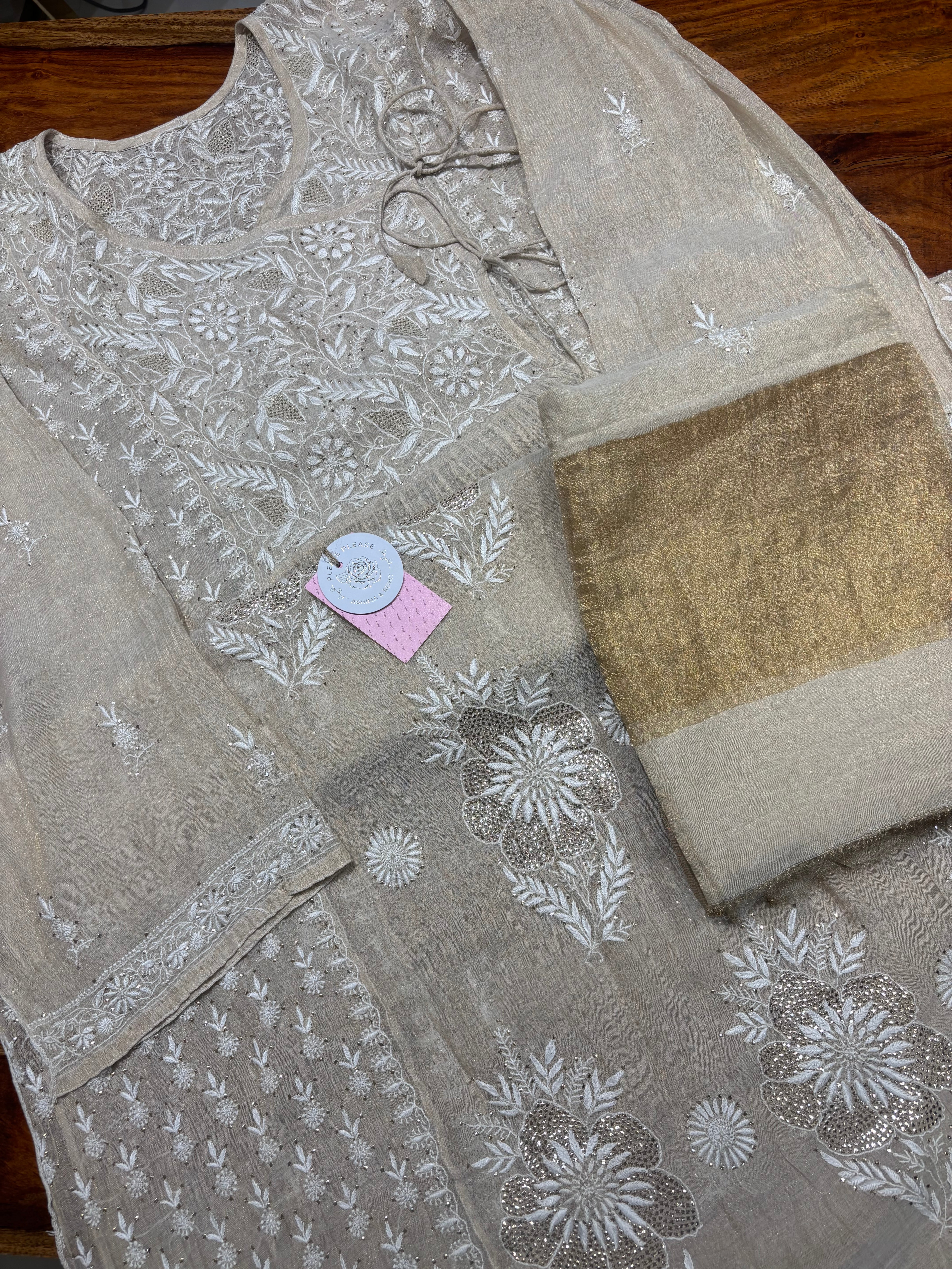 Dyeable Pure & Premium Tissue Chikankari & Mukaish Angrakha Kurta & Dupatta Set