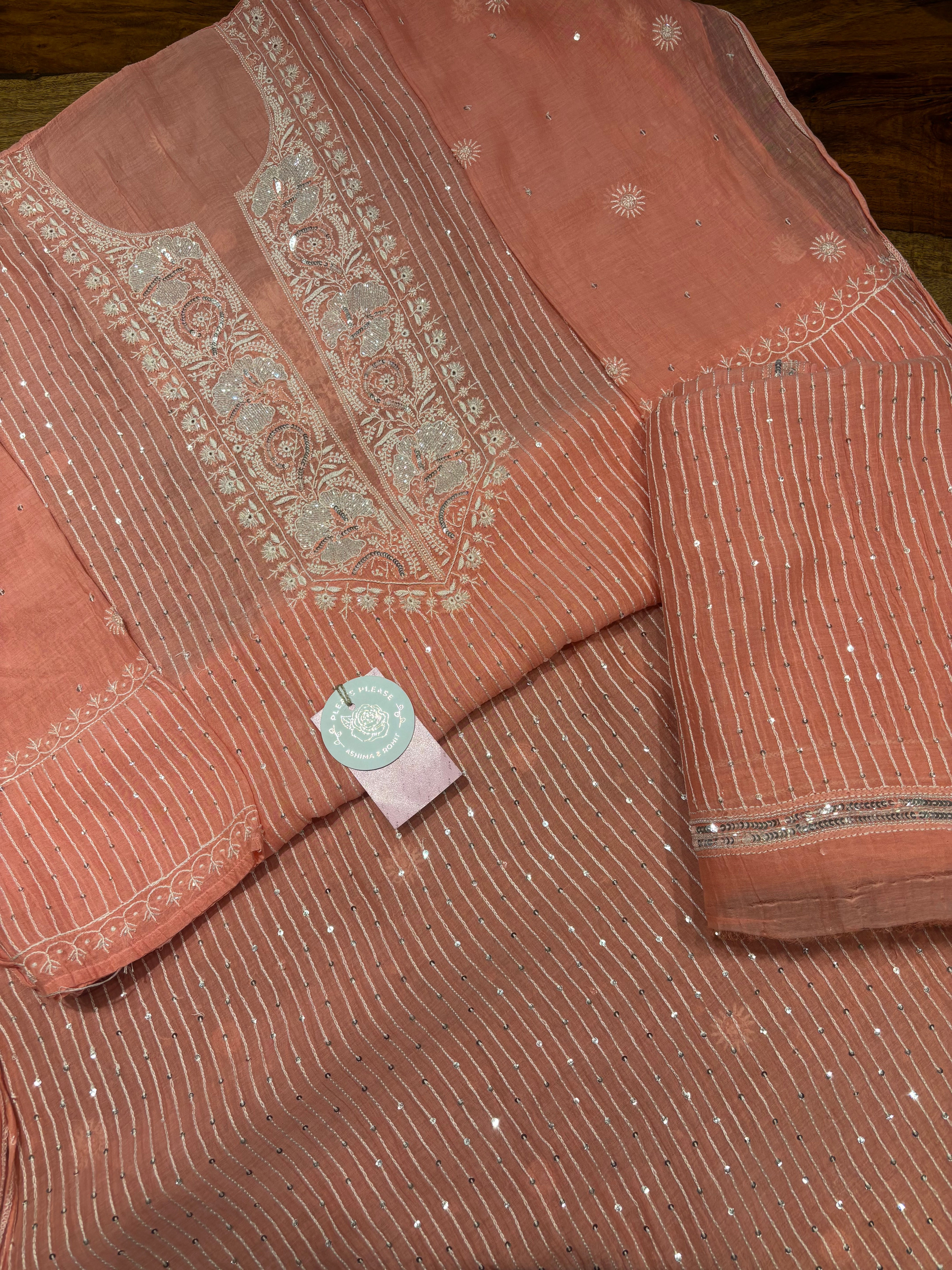 Coral Pink Chanderi Mul Chikankari Kurta & Dupatta Set