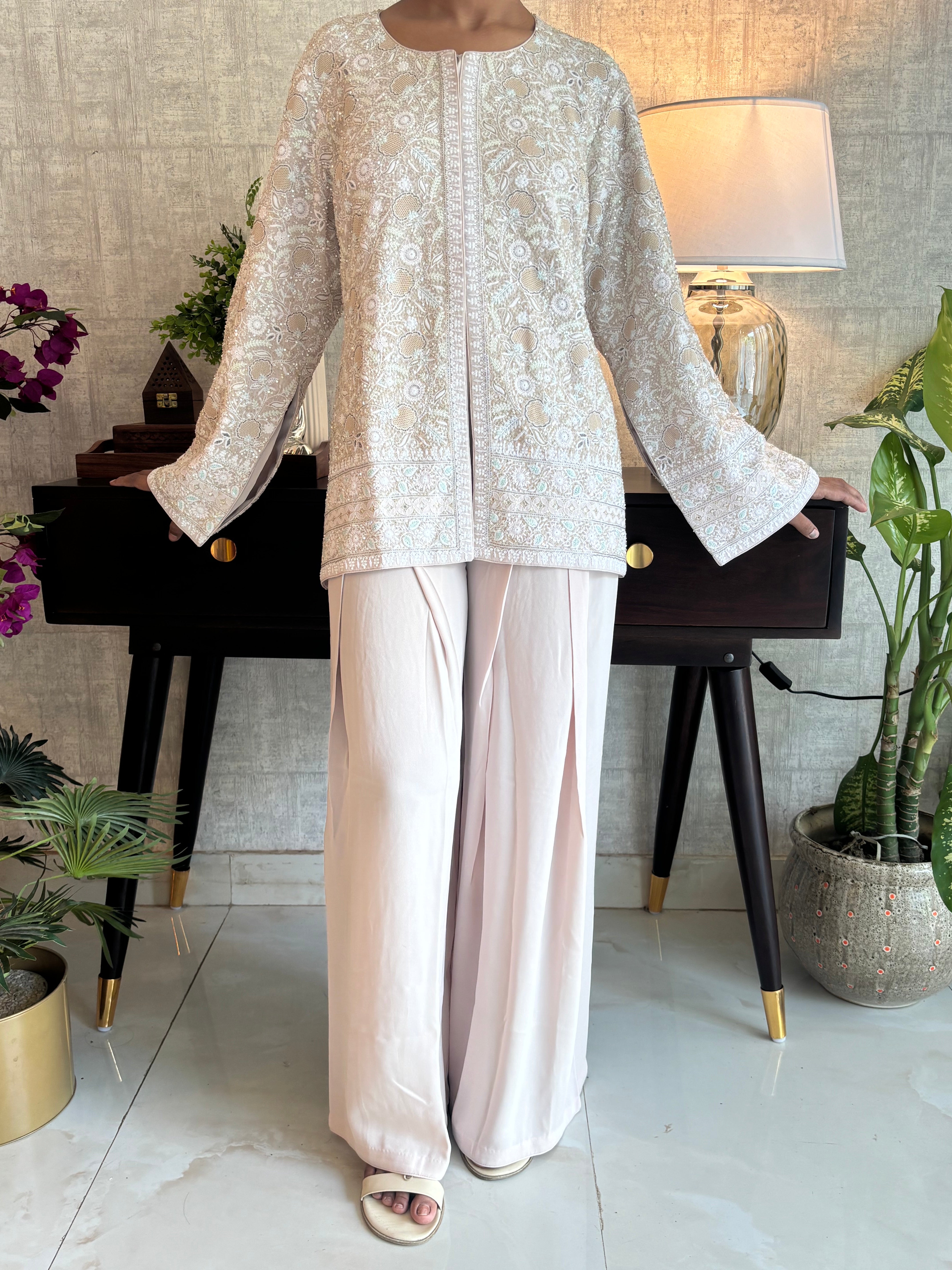 Beige Pure And Premium Georgette Gillet Set