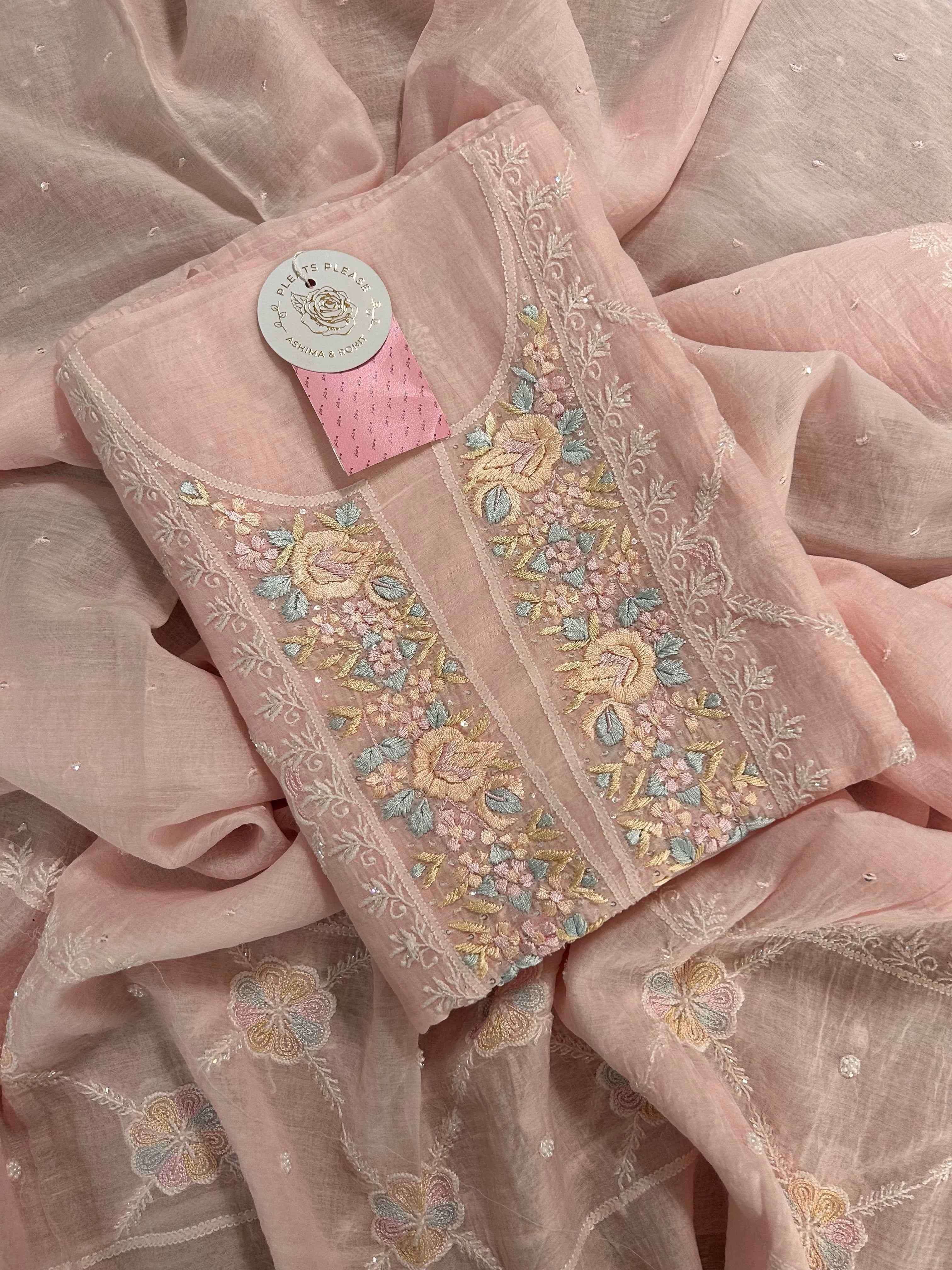 Baby Pink Chanderi Mul Parsi Gara Chikankari Kurta & Dupatta