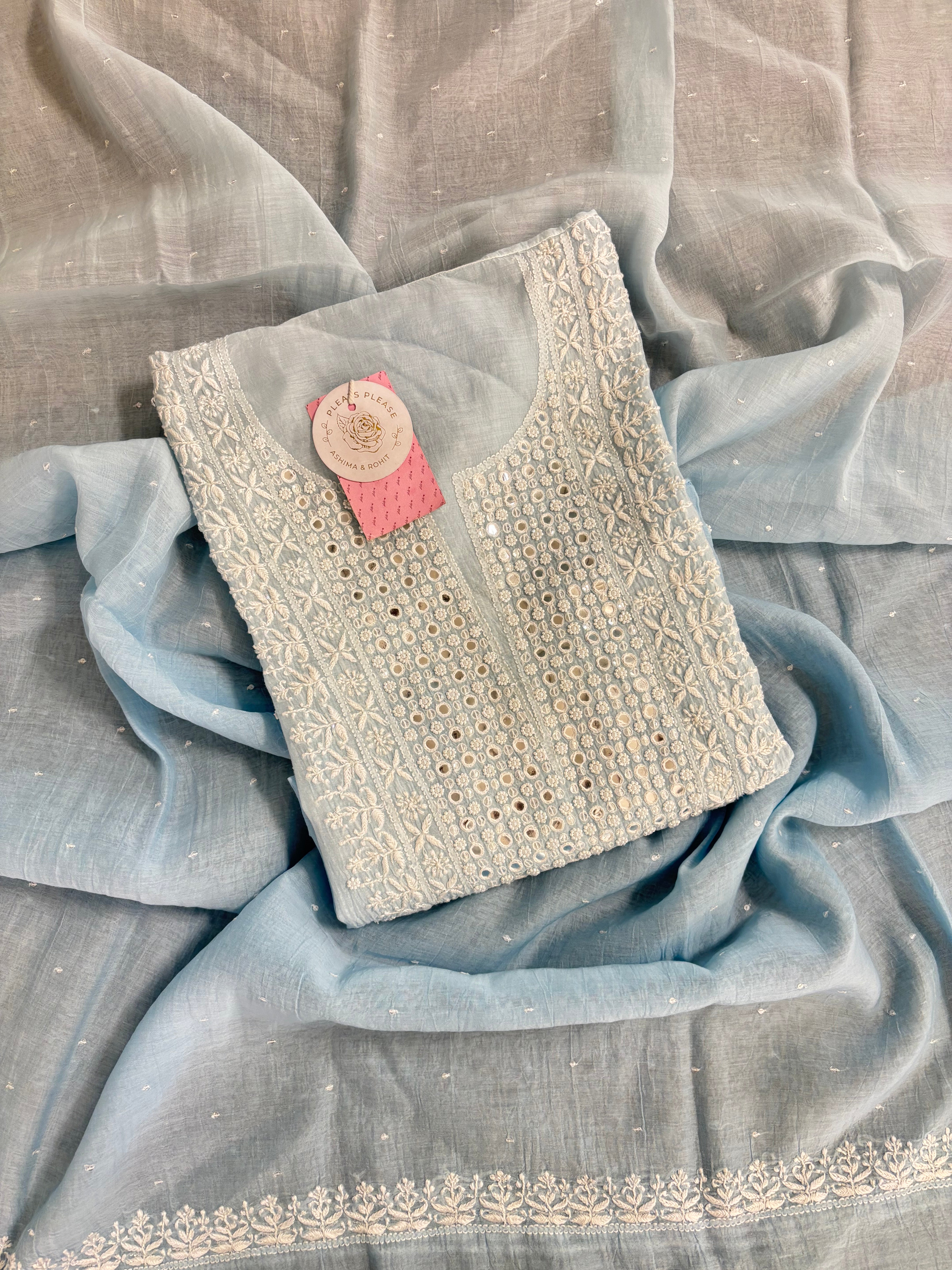 Pastel Blue Pure Chanderi Ombre Chikankari Kurta & Dupatta