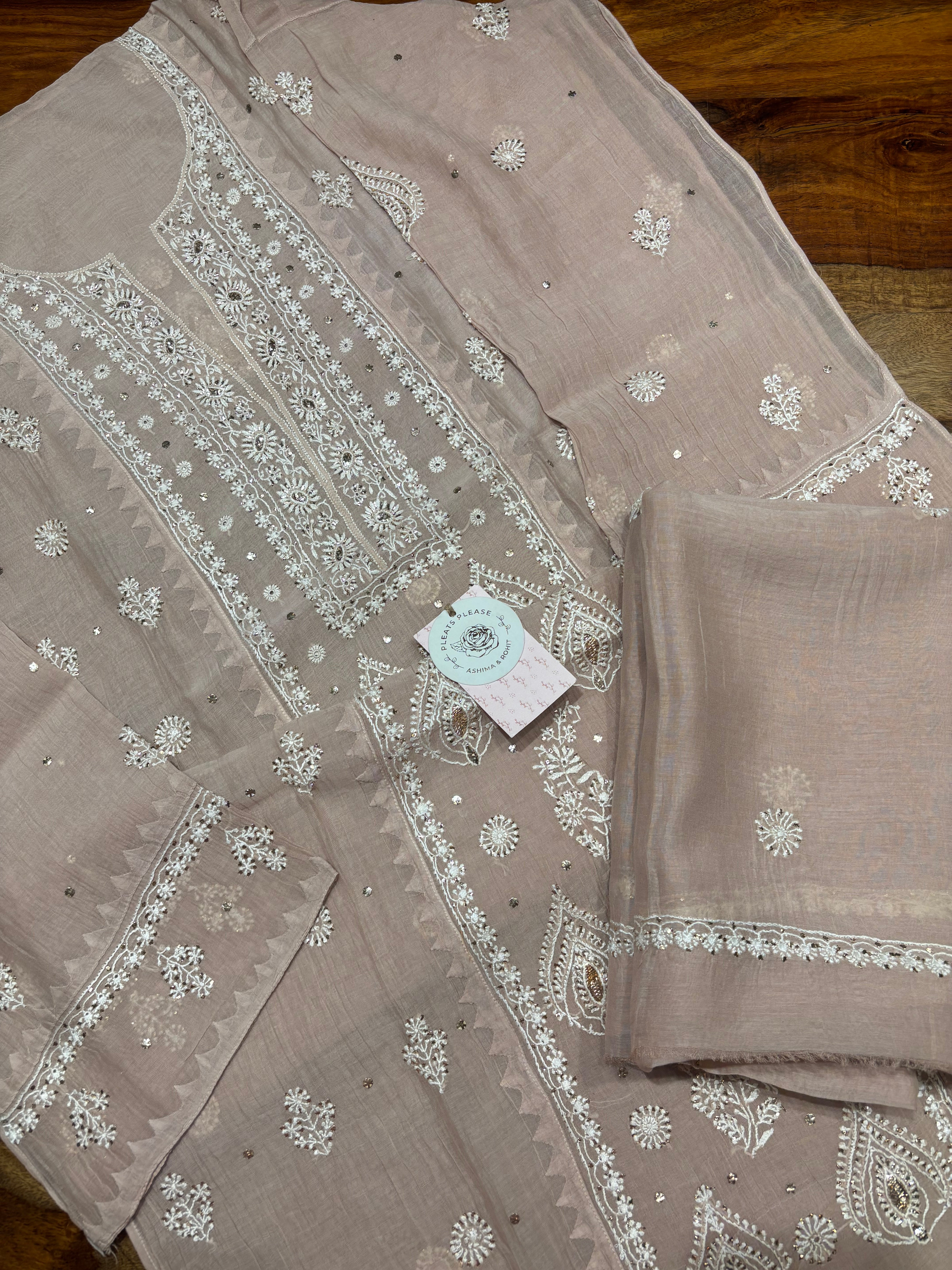 Nude Rose Chanderi Mul Chikankari & Mukaish Kurta & Dupatta Set