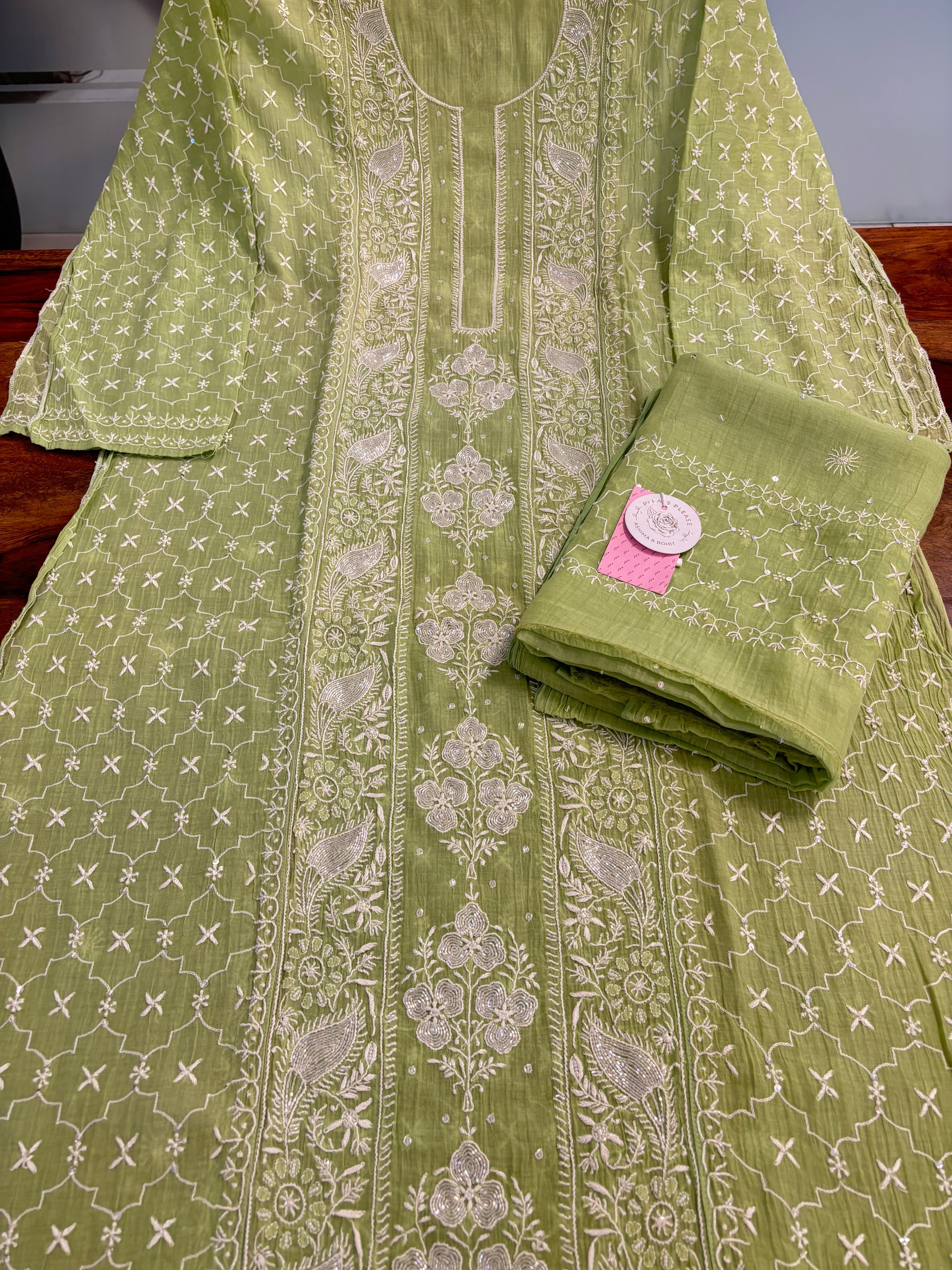 Green Chanderi Chikankari Kurta & Dupatta