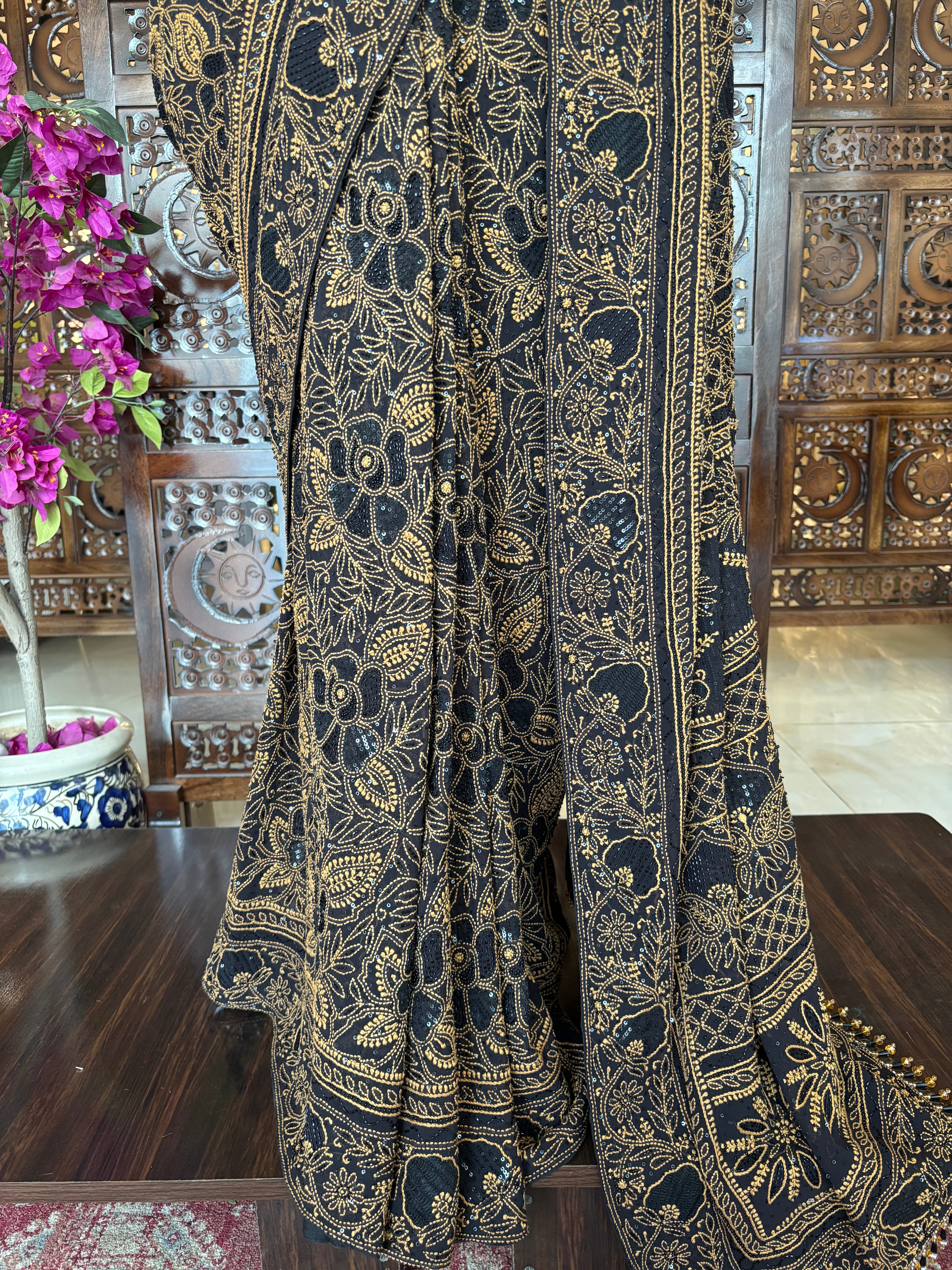 Black Pure & Premium Georgette Chikankari Saree
