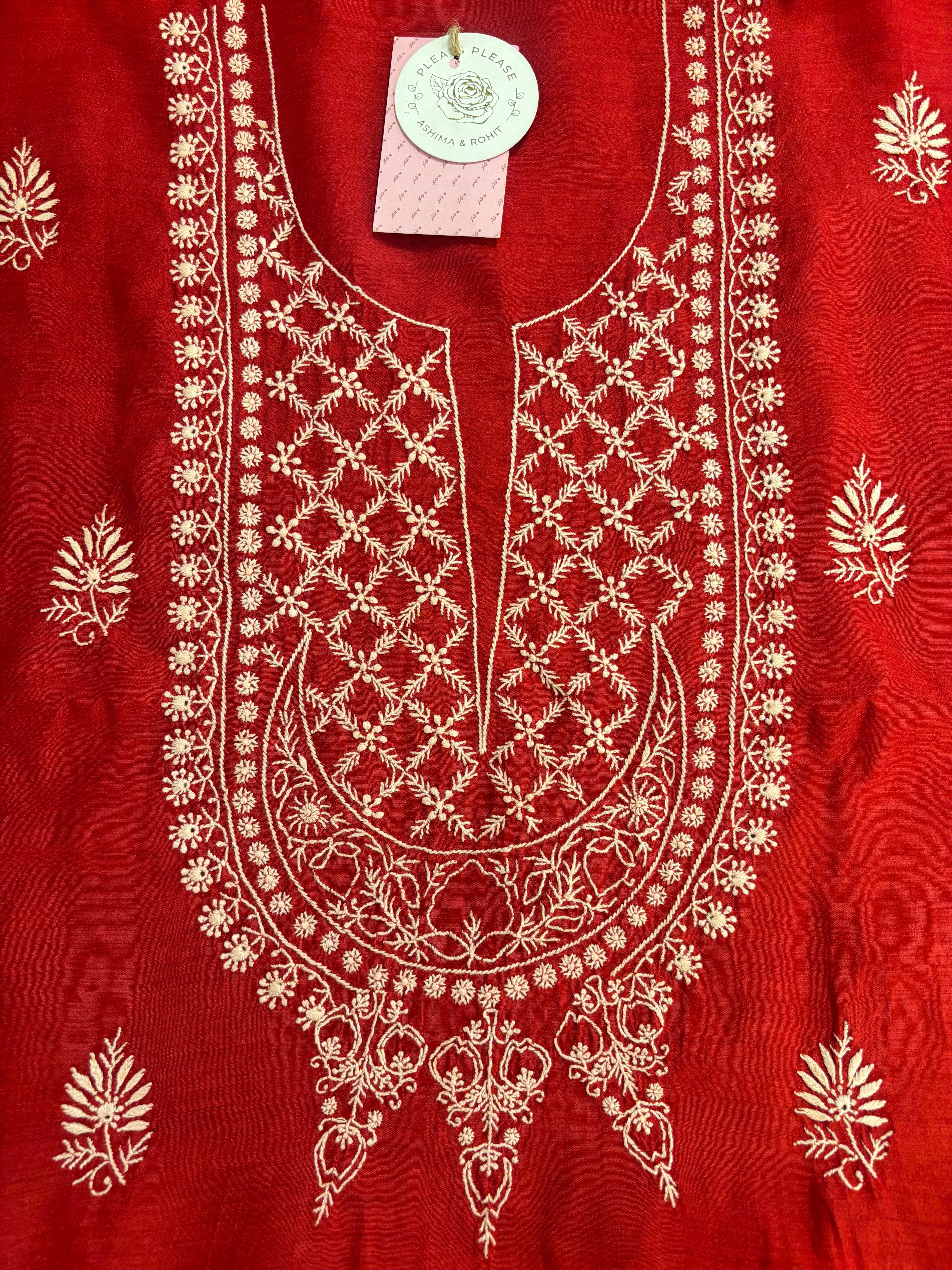 Red Monga Silk Chikankari Kurta & Dupatta