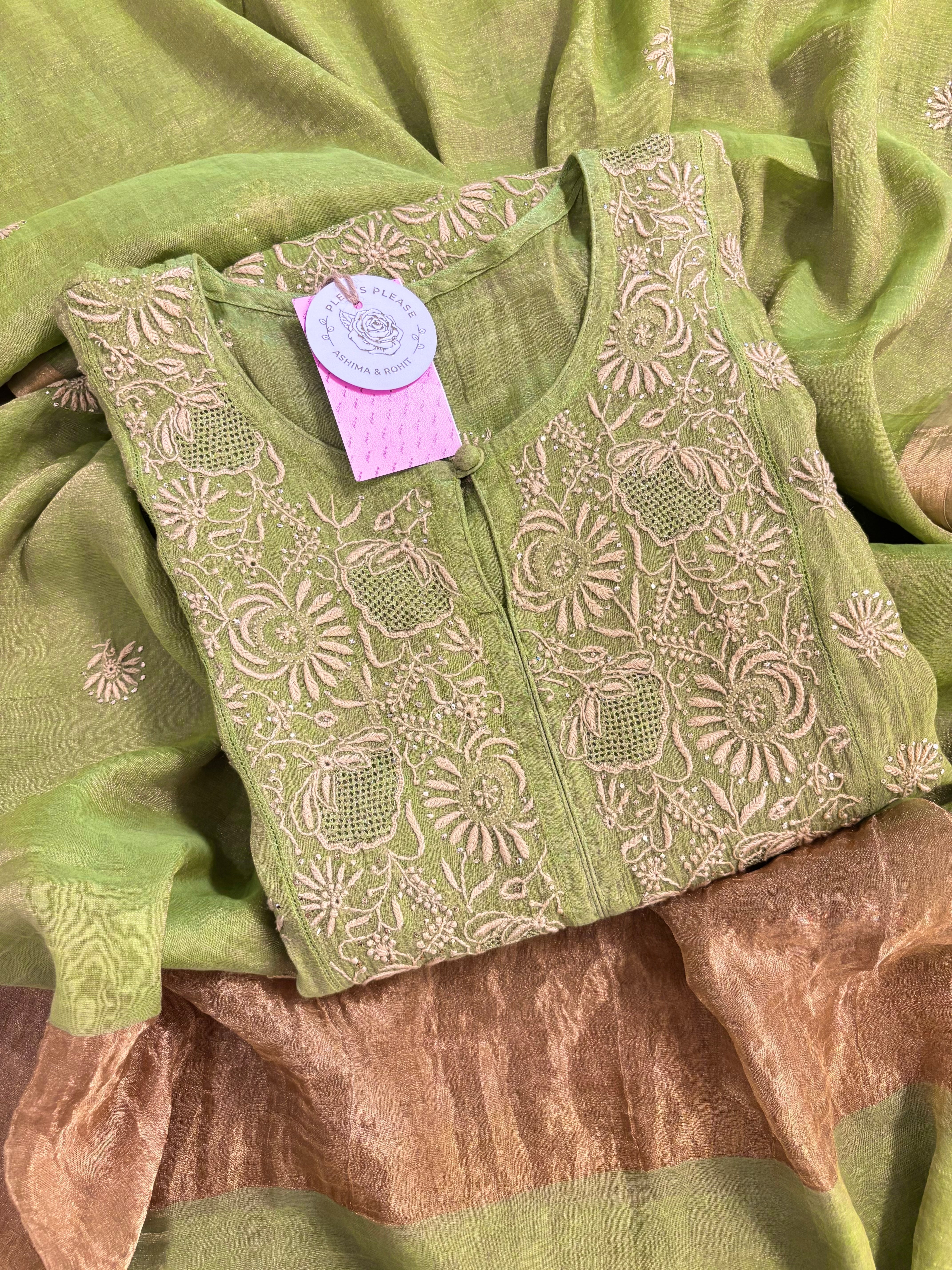 Warm Green Pure & Premium Tissue Chikankari Mukaish Kurta & Dupatta