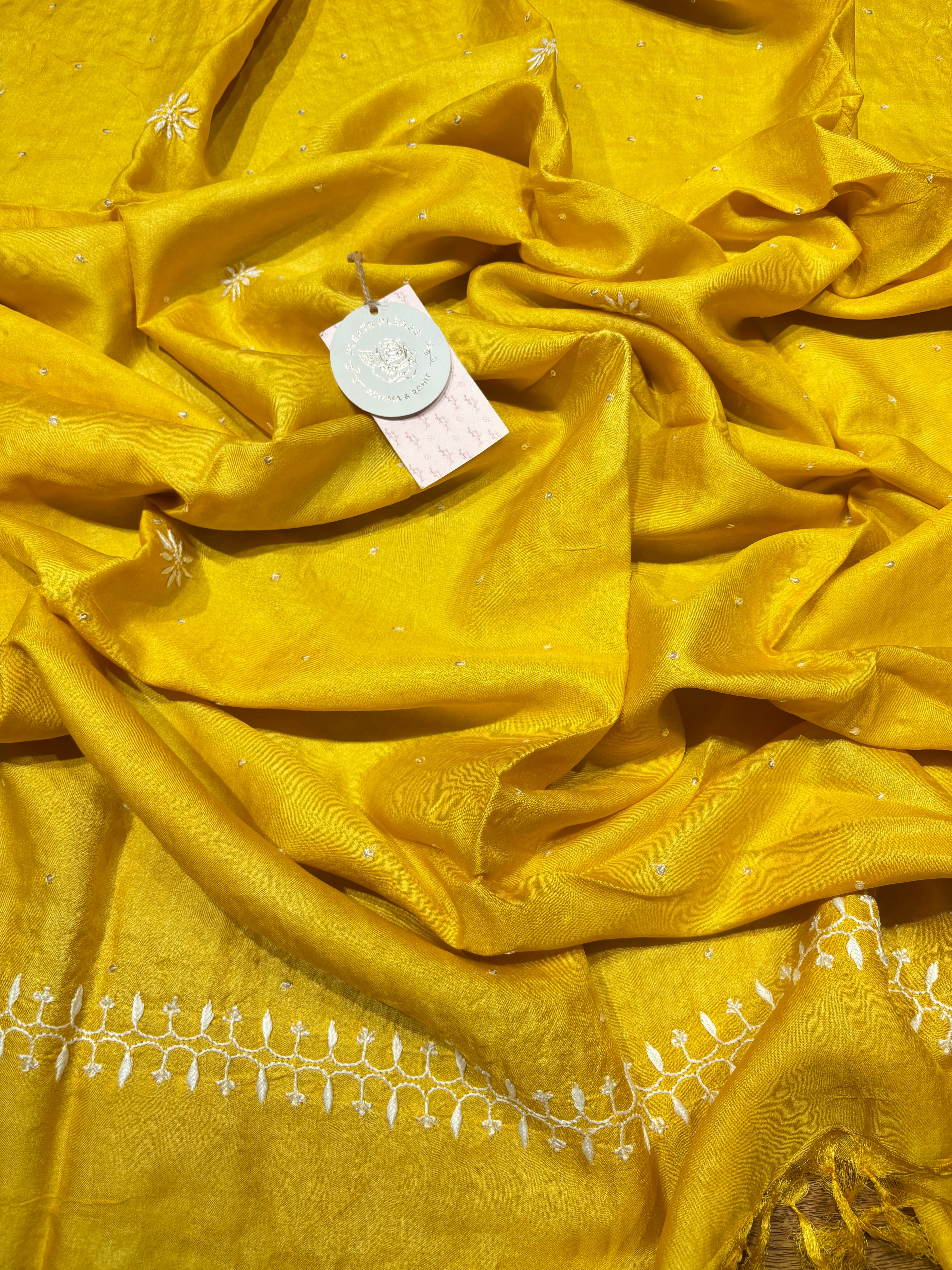 Yellow Tussar Silk Chikankari Kurta and Dupatta Set