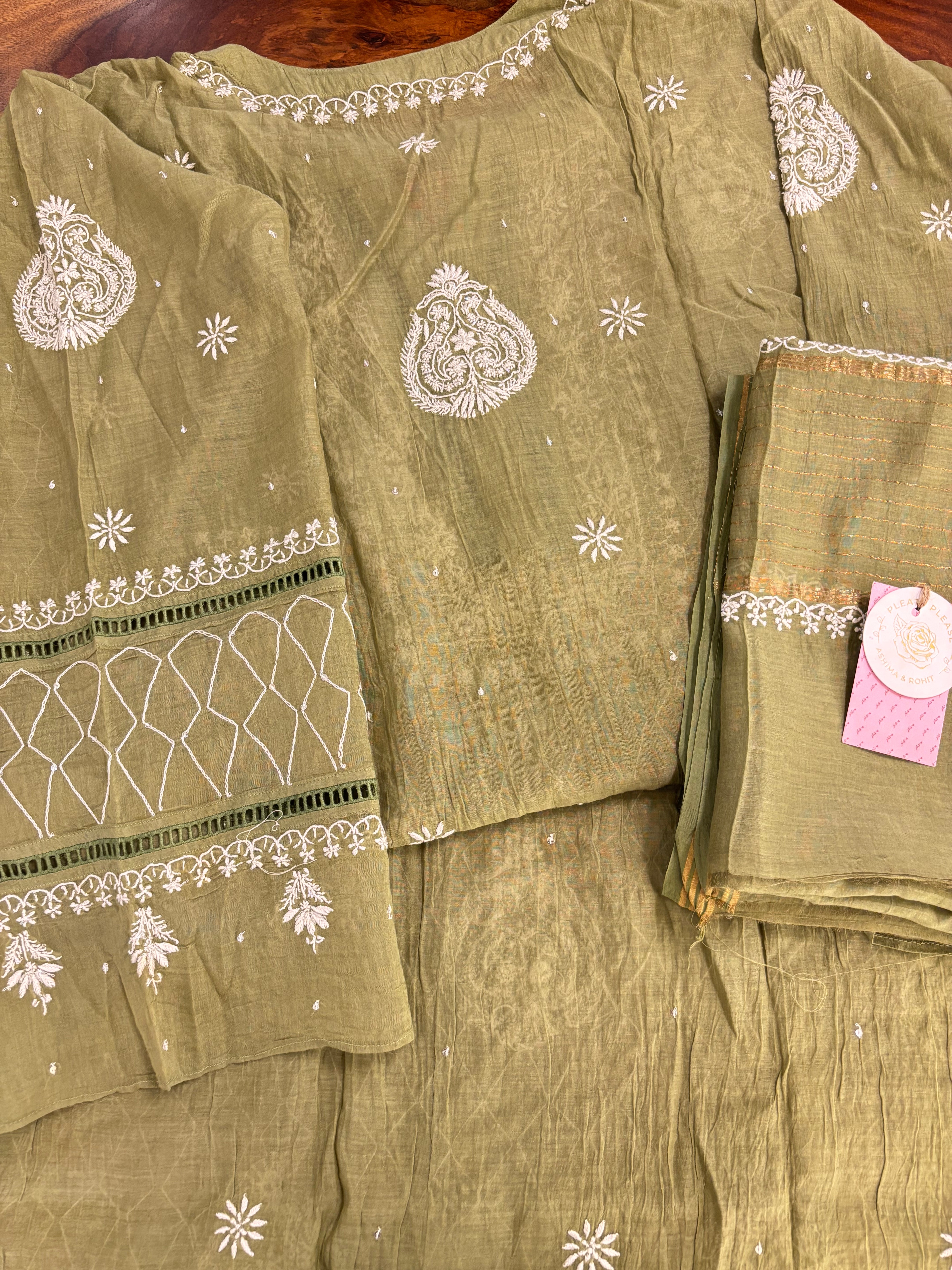 Olive Green Chanderi Mul Chikankari Kurta & Dupatta
