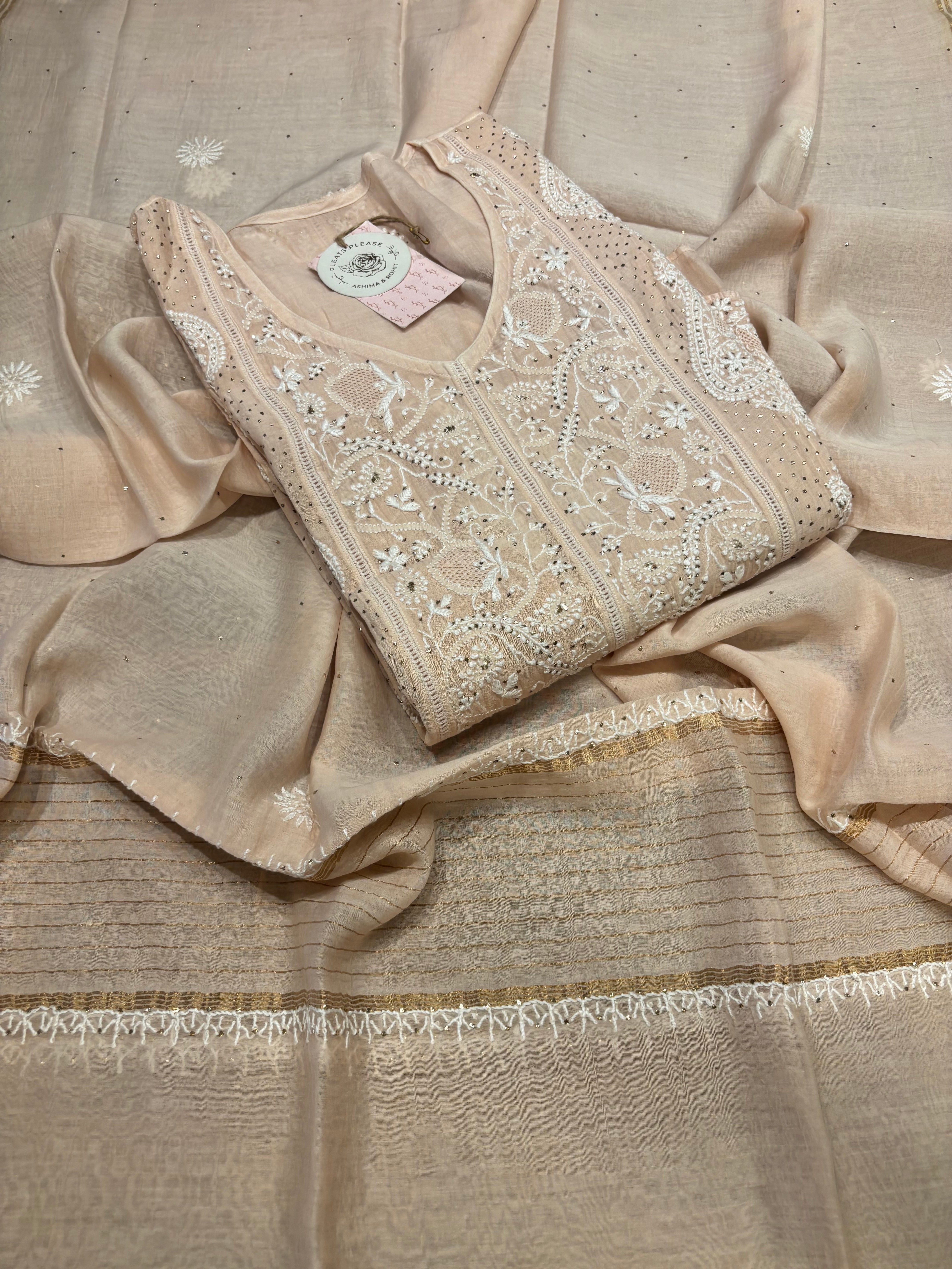 Peach Chanderi mul Chikankari Kurta and Dupatta