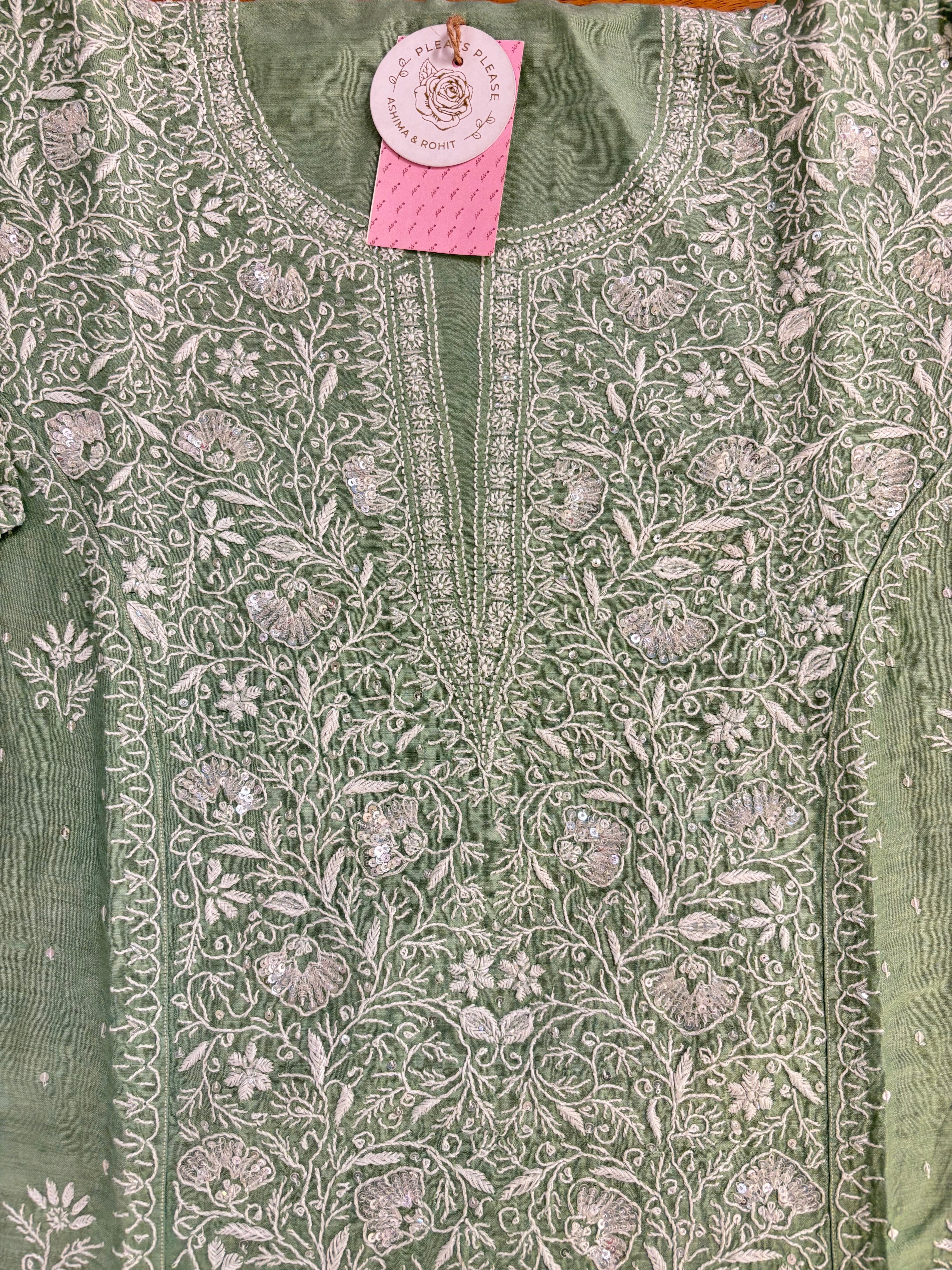 Sage Green Monga Silk Chikankari Kurta & Dupatta