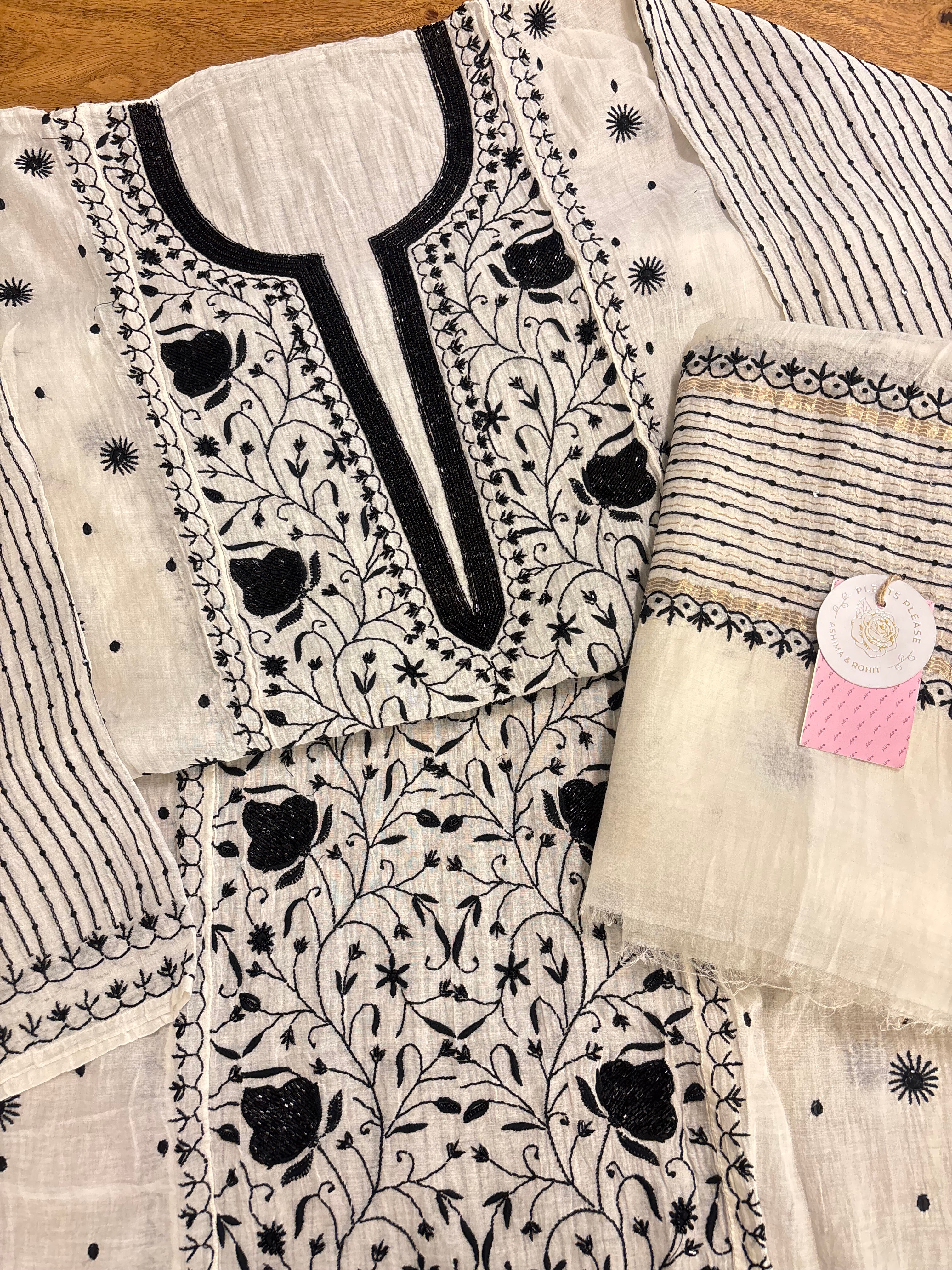 Dyeable  Black & White Chanderi Chikankari Kurta & Dupatta