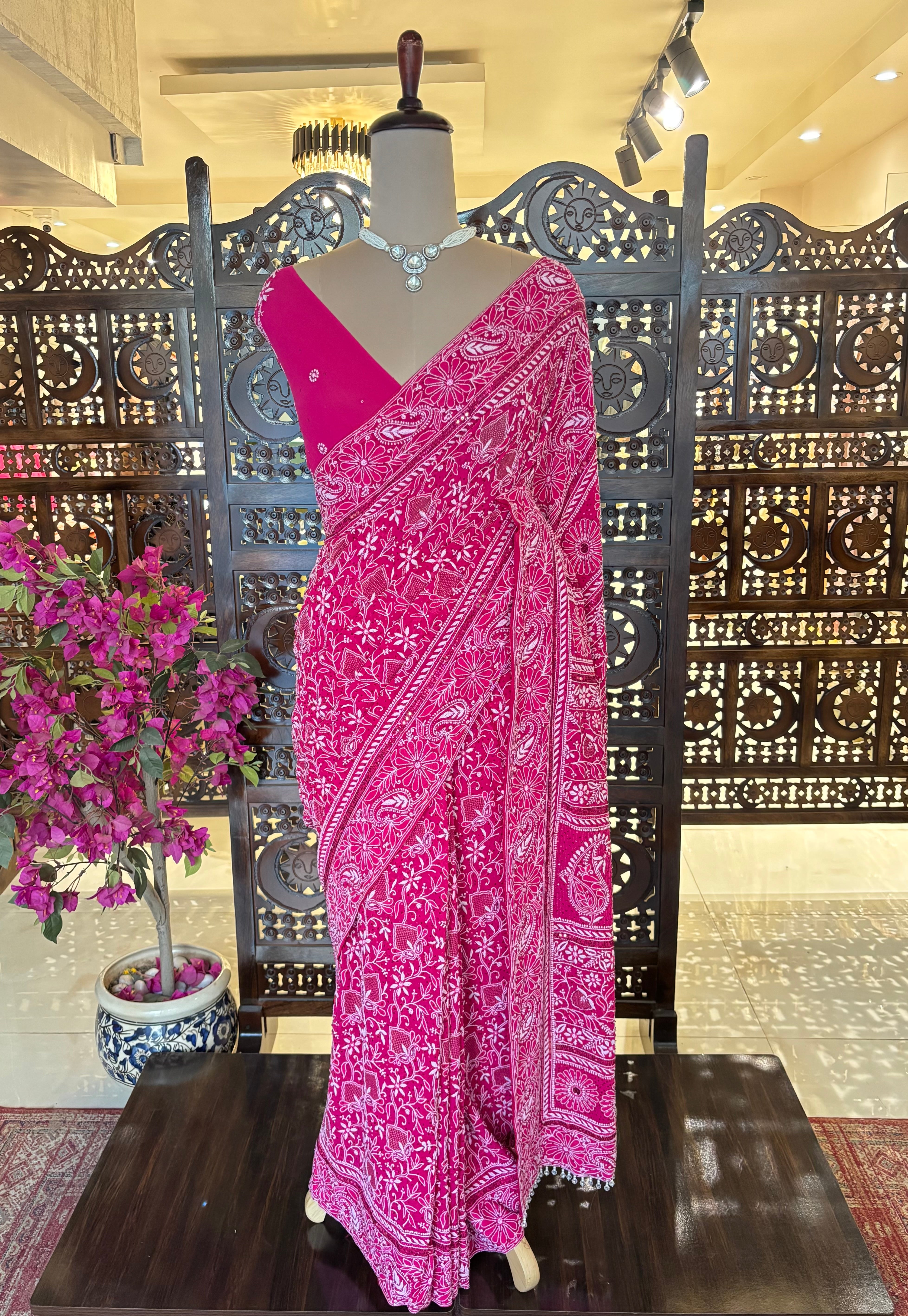 Magenta Pure & Premium Georgette Chikankari Saree - Pleats PleaseChikankari