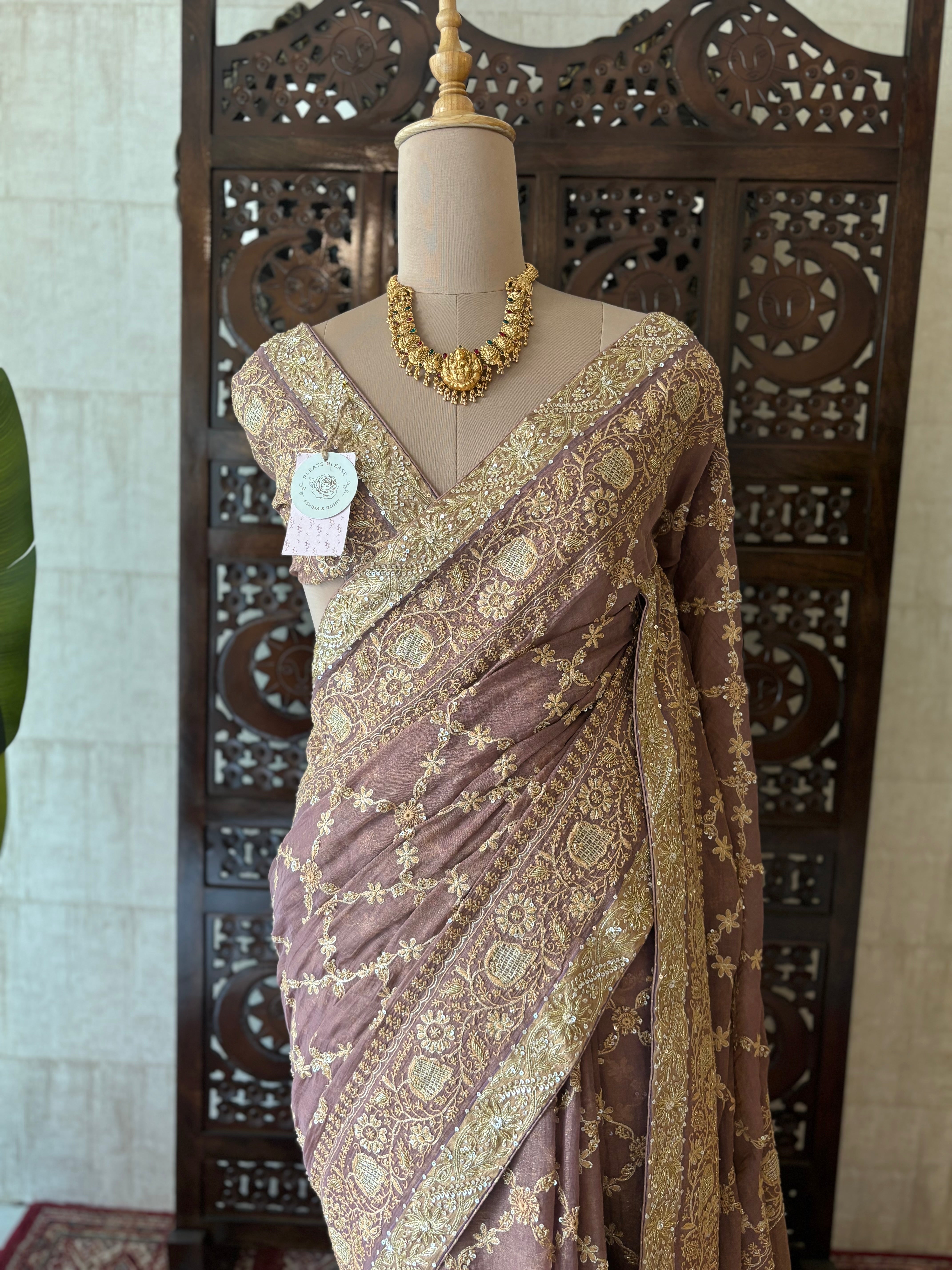 Garnet Pure & Premium Tissue Chikankari Saree and Blouse