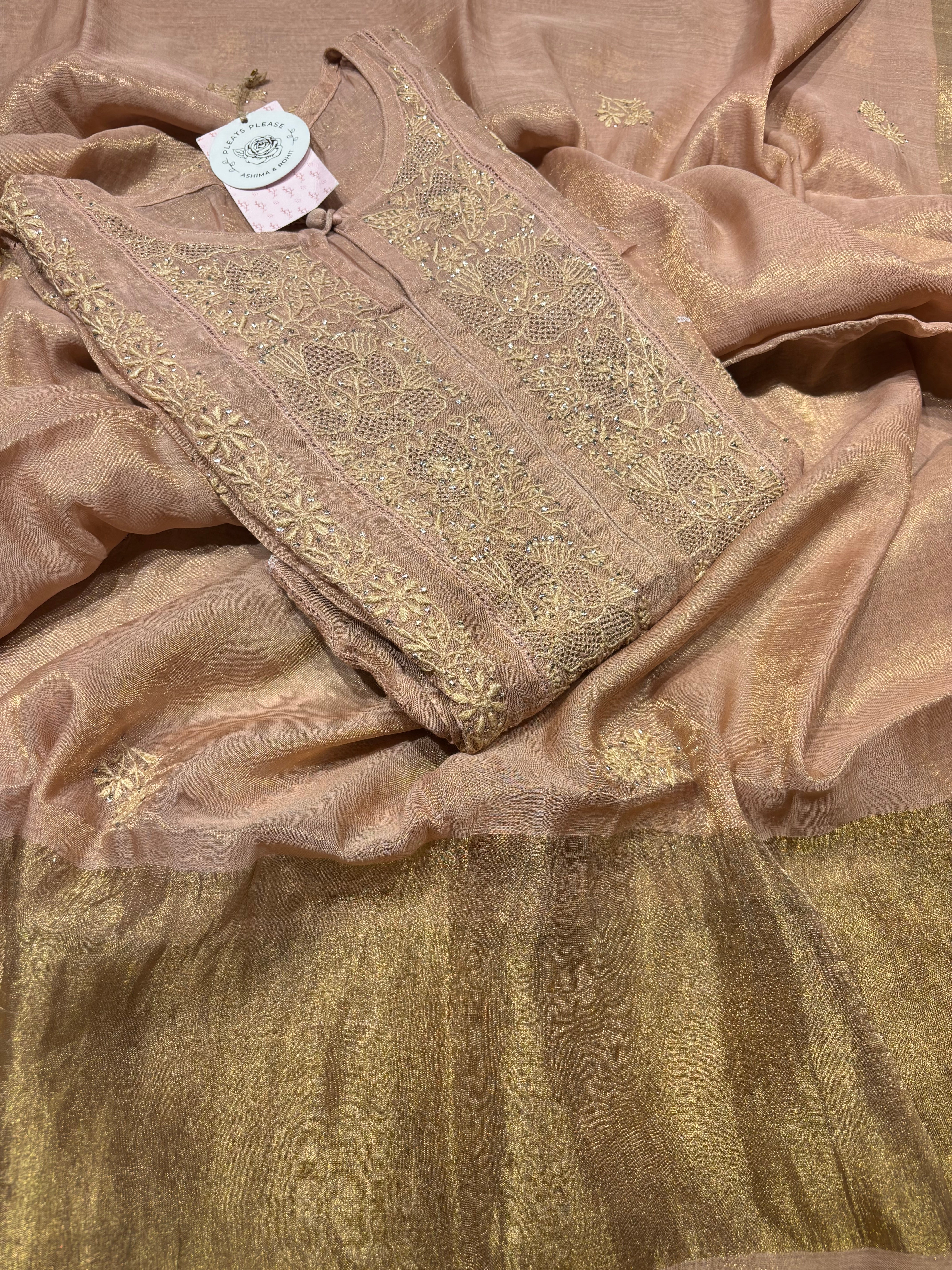 Dusty Peach Pure Tissue Chikankari Kalidar Kurta and Dupatta set