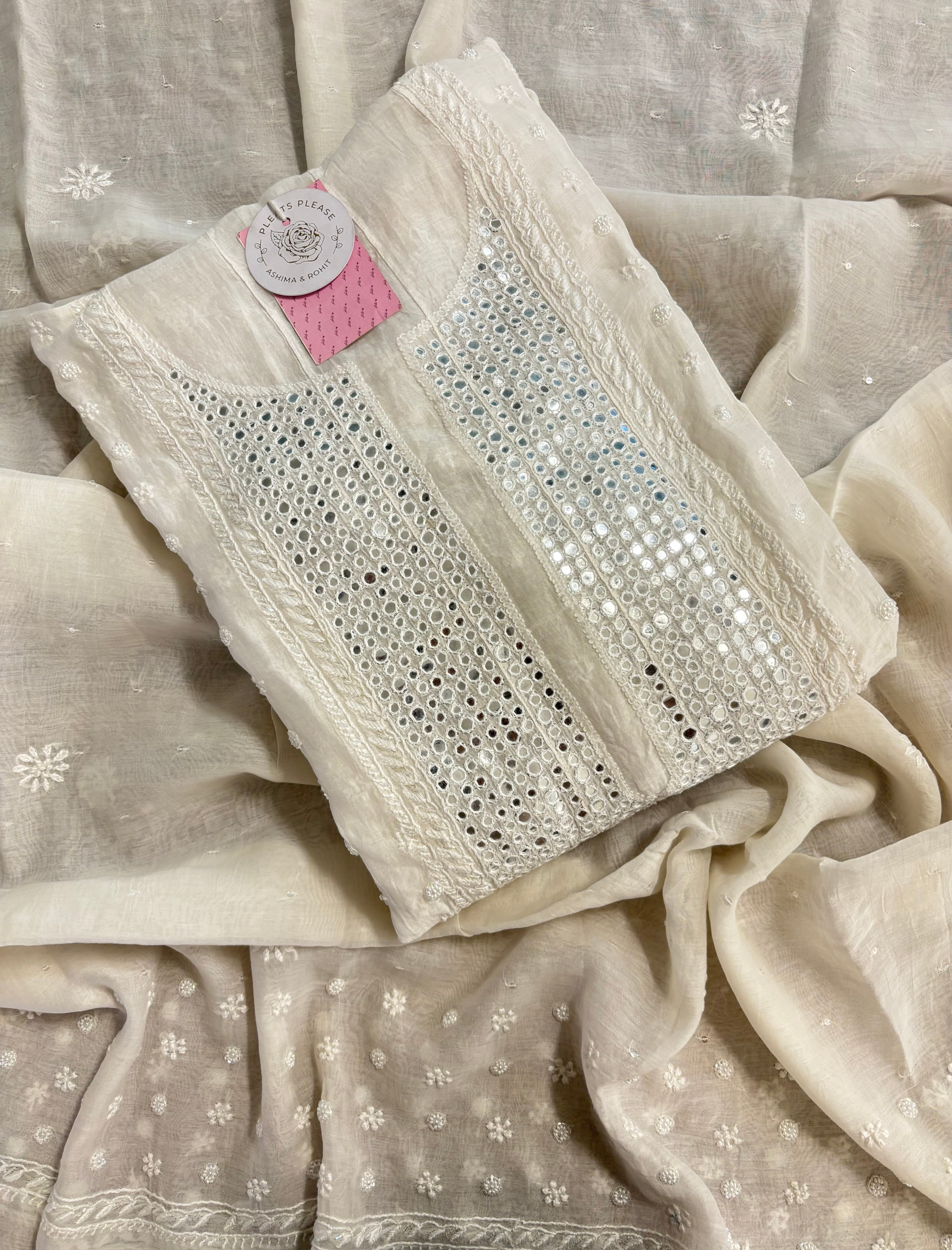 Dyeable Chanderi Mirror Chikankari Anarkali & Dupatta Set