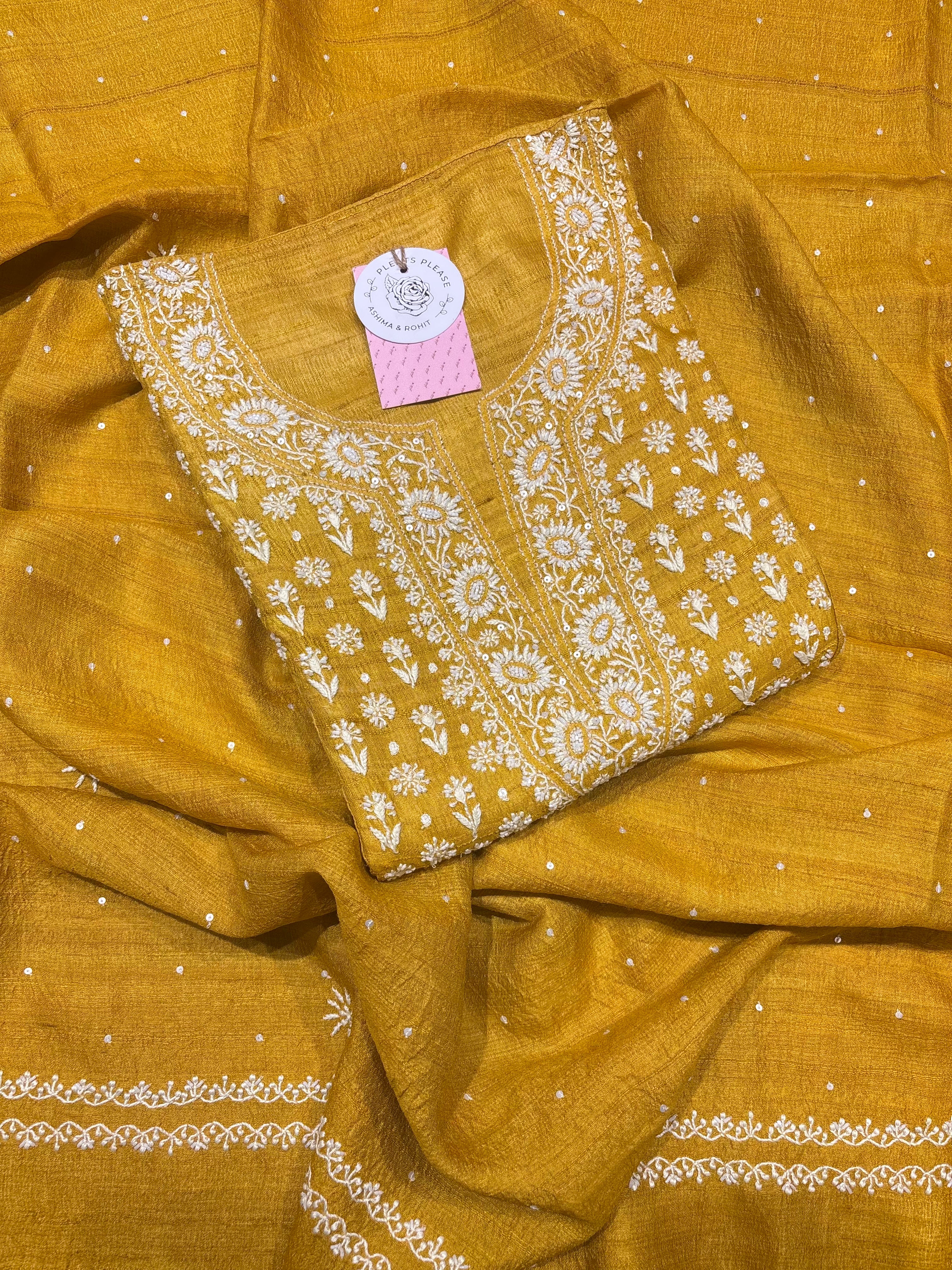 Mustard pure and premium Tussar Silk Chikankari Kurta and Dupatta Set