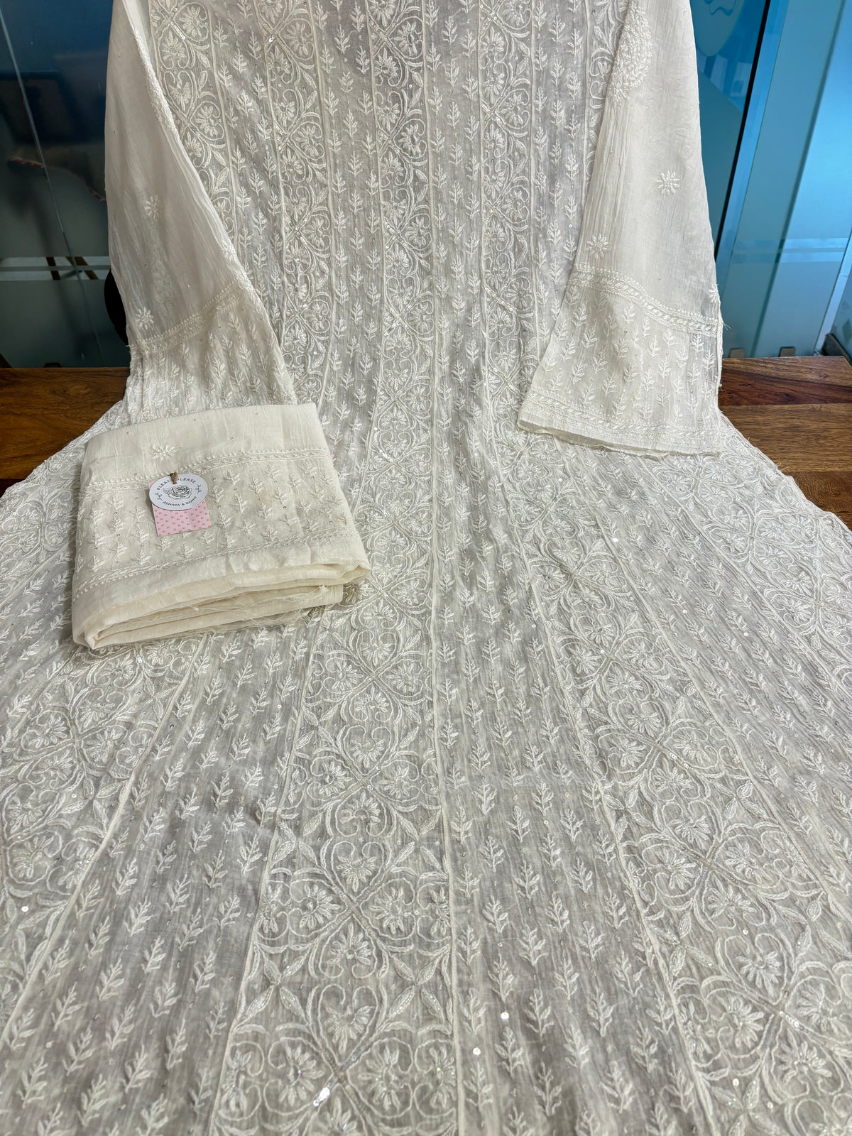 Dyeable Chanderi Mul Chikankari A- Line & Dupatta
