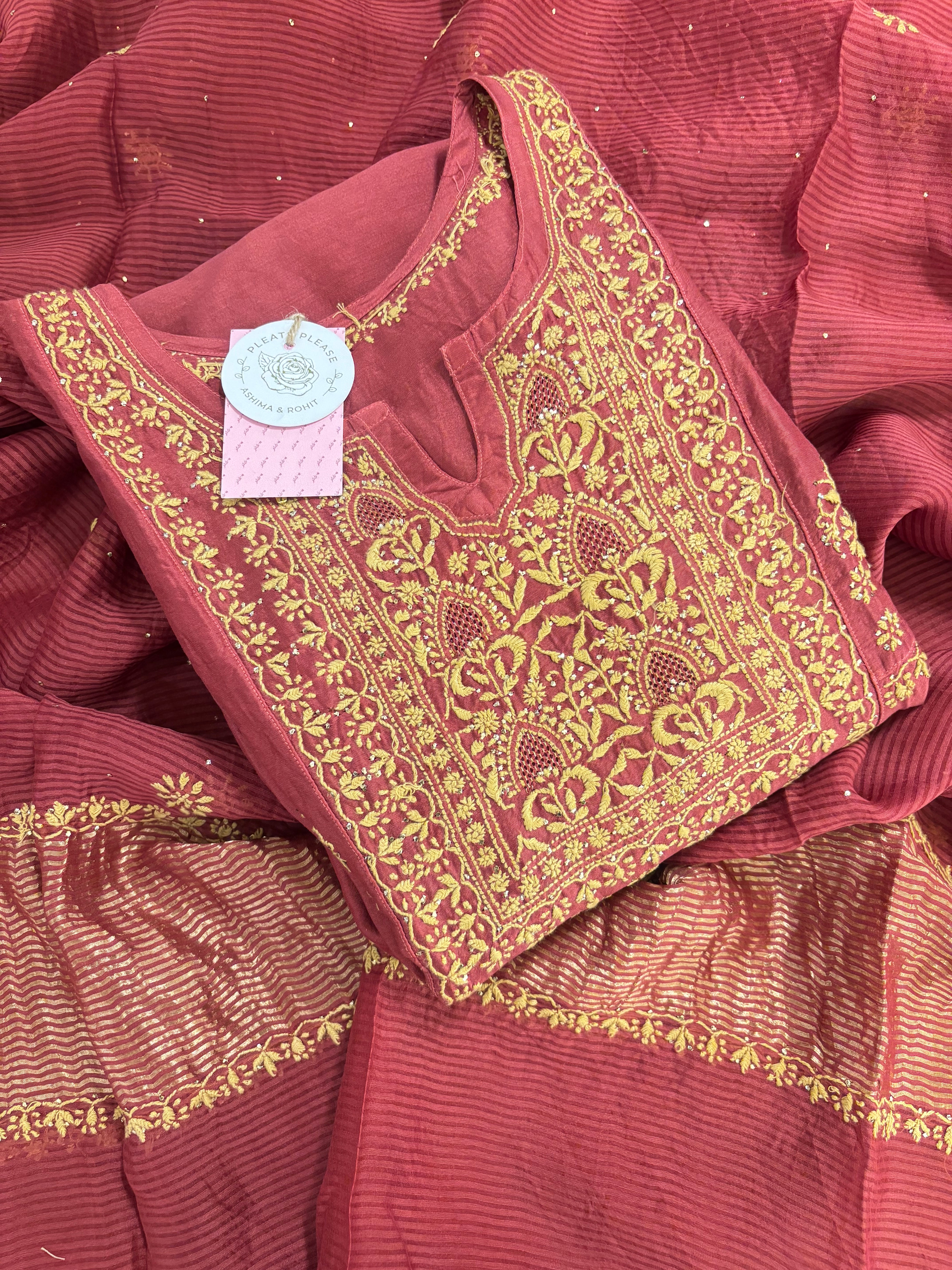 Maroon Chanderi Silk A-line Chikankari Mukaish Kurta & Dupatta Set