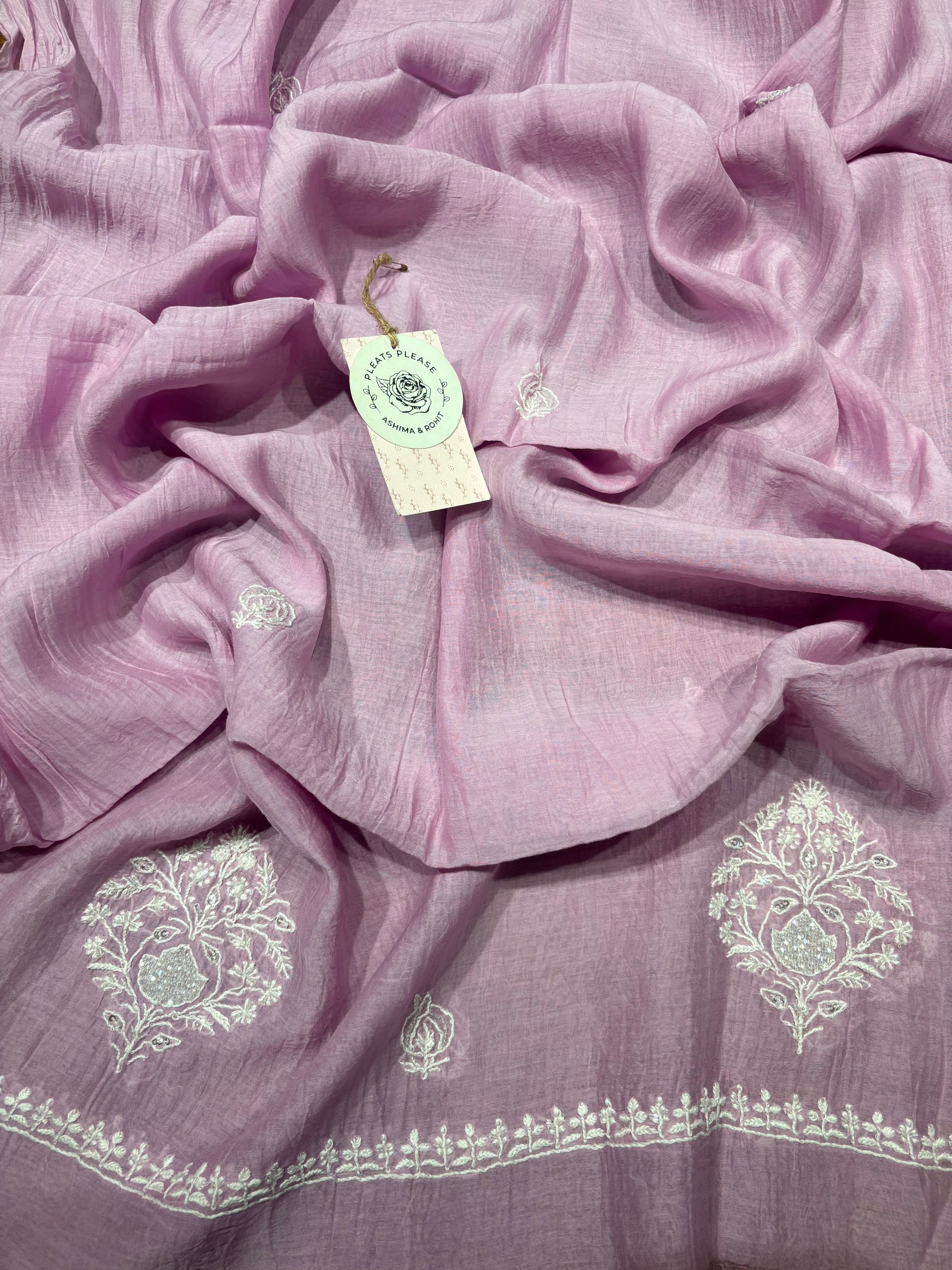 Lavender Chanderi Mul Chikankari Kurta And Dupatta Set